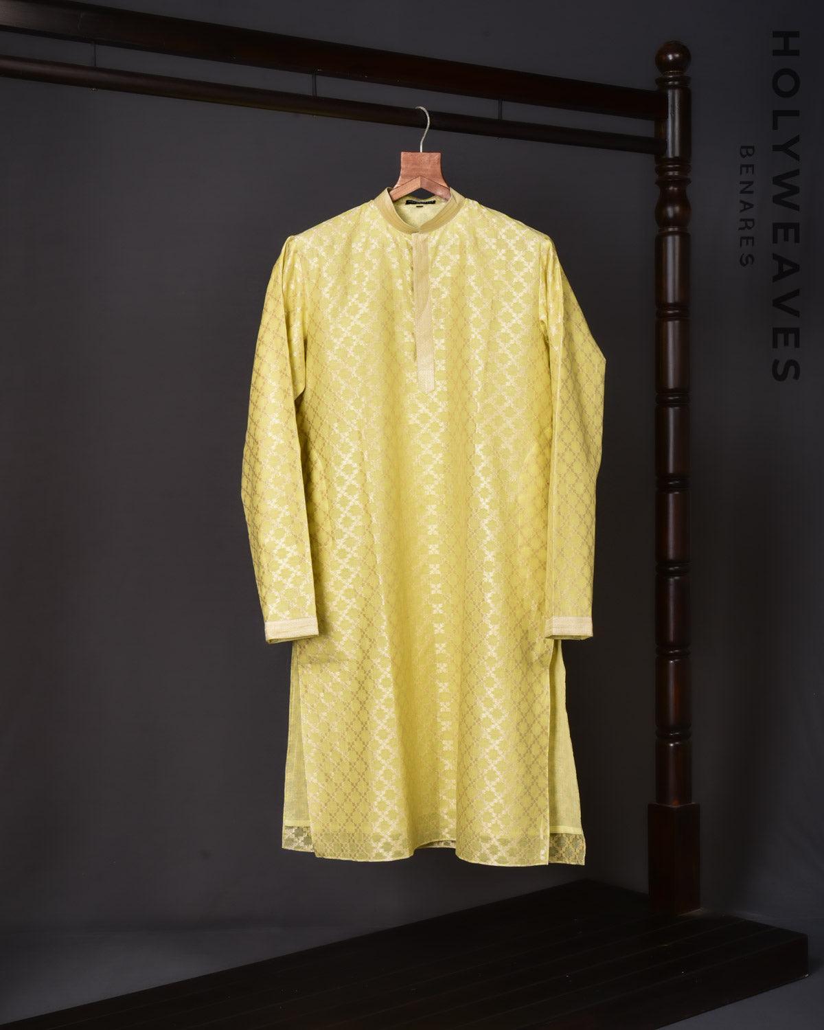 Lime Green Banarasi Moroccon Grids Zari Brocade Handwoven Cotton Silk Mens Kurta Pyjama - By HolyWeaves, Benares