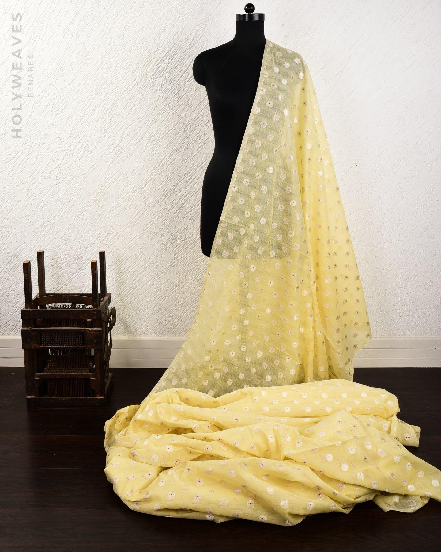Lime Green Banarasi Silver Zari & Red Resham Alfi Buti Cutwork Brocade Handwoven Cotton Silk Fabric - By HolyWeaves, Benares