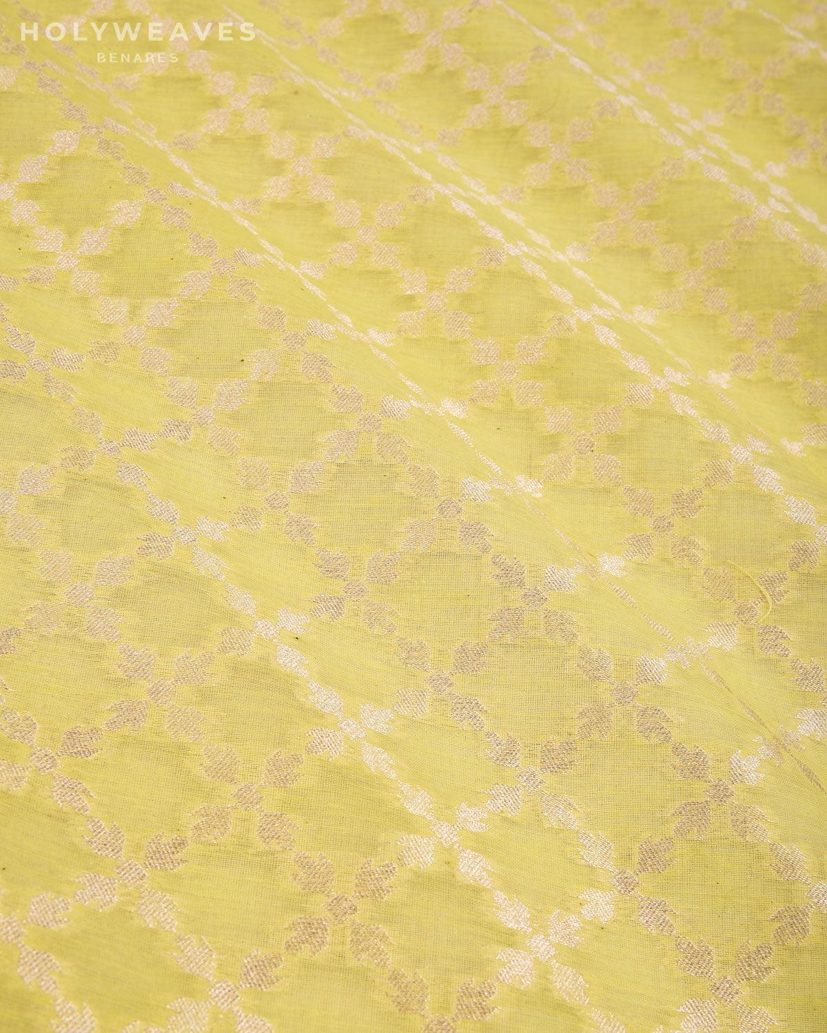 Lime Green Banarasi Silver Zari Jangla Cutwork Brocade Handwoven Cotton Silk Fabric - By HolyWeaves, Benares
