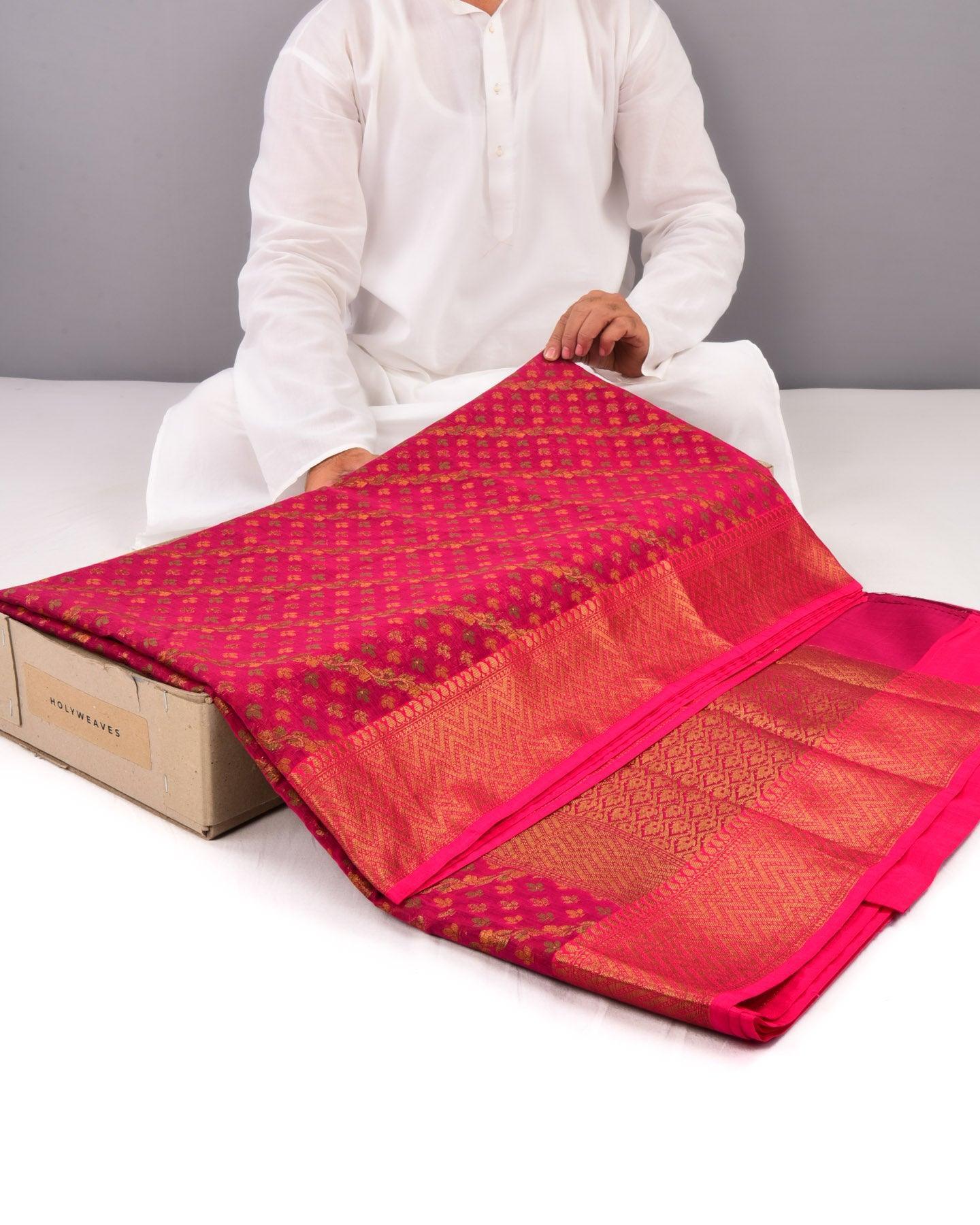Magenta Banarasi 3-color Weave Cutwork Brocade Woven Cotton Silk Saree - By HolyWeaves, Benares