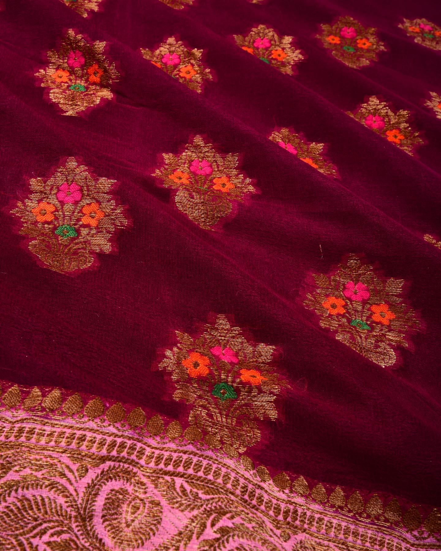 Magenta Banarasi 4-color Buta Cutwork Brocade Woven Khaddi Georgette Saree - By HolyWeaves, Benares