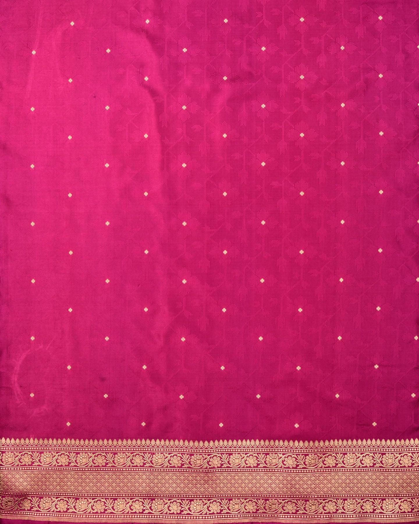 Magenta Banarasi Cross Stitch Resham Tanchoi Handwoven Katan Silk Saree with Zari Brocade Border Pallu - By HolyWeaves, Benares