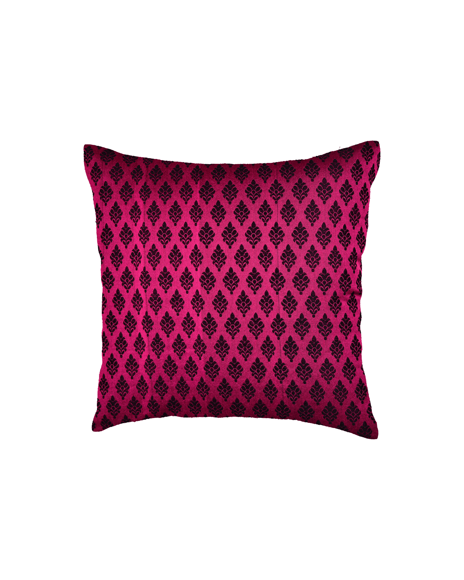 Magenta Banarasi Damask Buti Poly Silk Cushion Cover 16" - By HolyWeaves, Benares