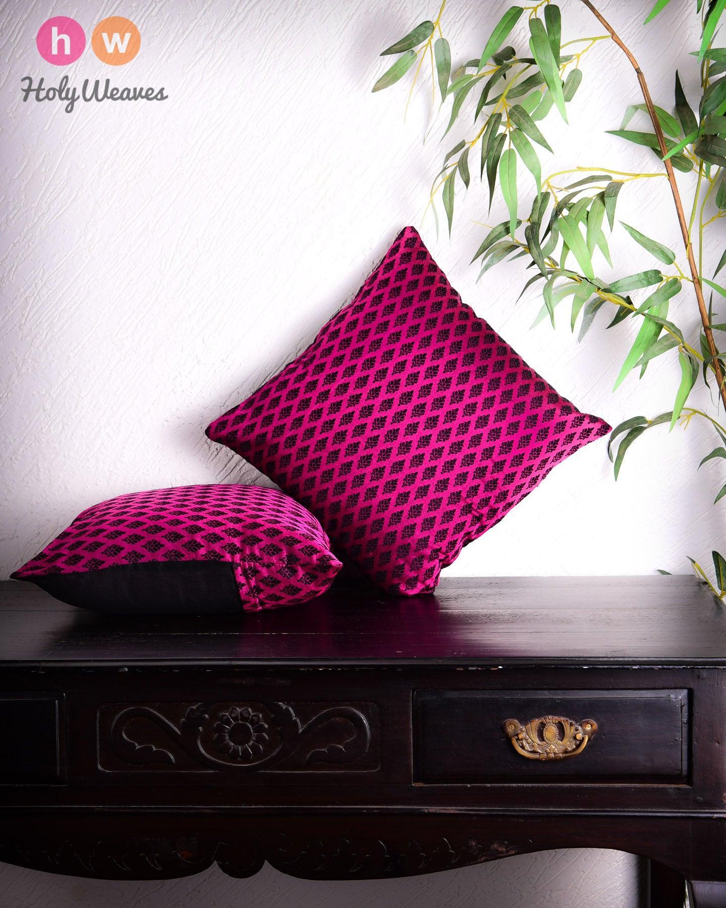 Magenta Banarasi Damask Buti Poly Silk Cushion Cover 16" - By HolyWeaves, Benares