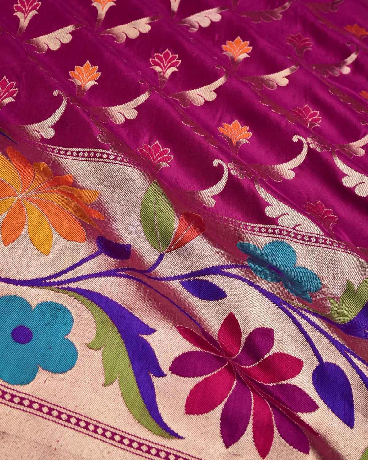 Magenta Banarasi Gold Zari Alfi Jangla Cutwork Brocade Handwoven Katan Silk Saree with Meenekari Brocade Border Pallu - By HolyWeaves, Benares