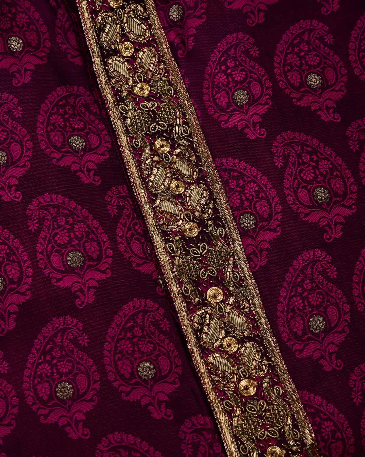 Magenta Banarasi Hand-embroidered Silk Mens Kurta Pyjama - By HolyWeaves, Benares