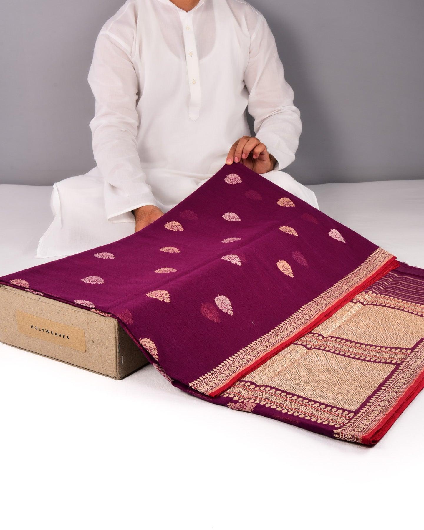 Magenta Banarasi Handwoven Ektara Buti Kadhuan Brocade Handloom Cotton Saree - By HolyWeaves, Benares