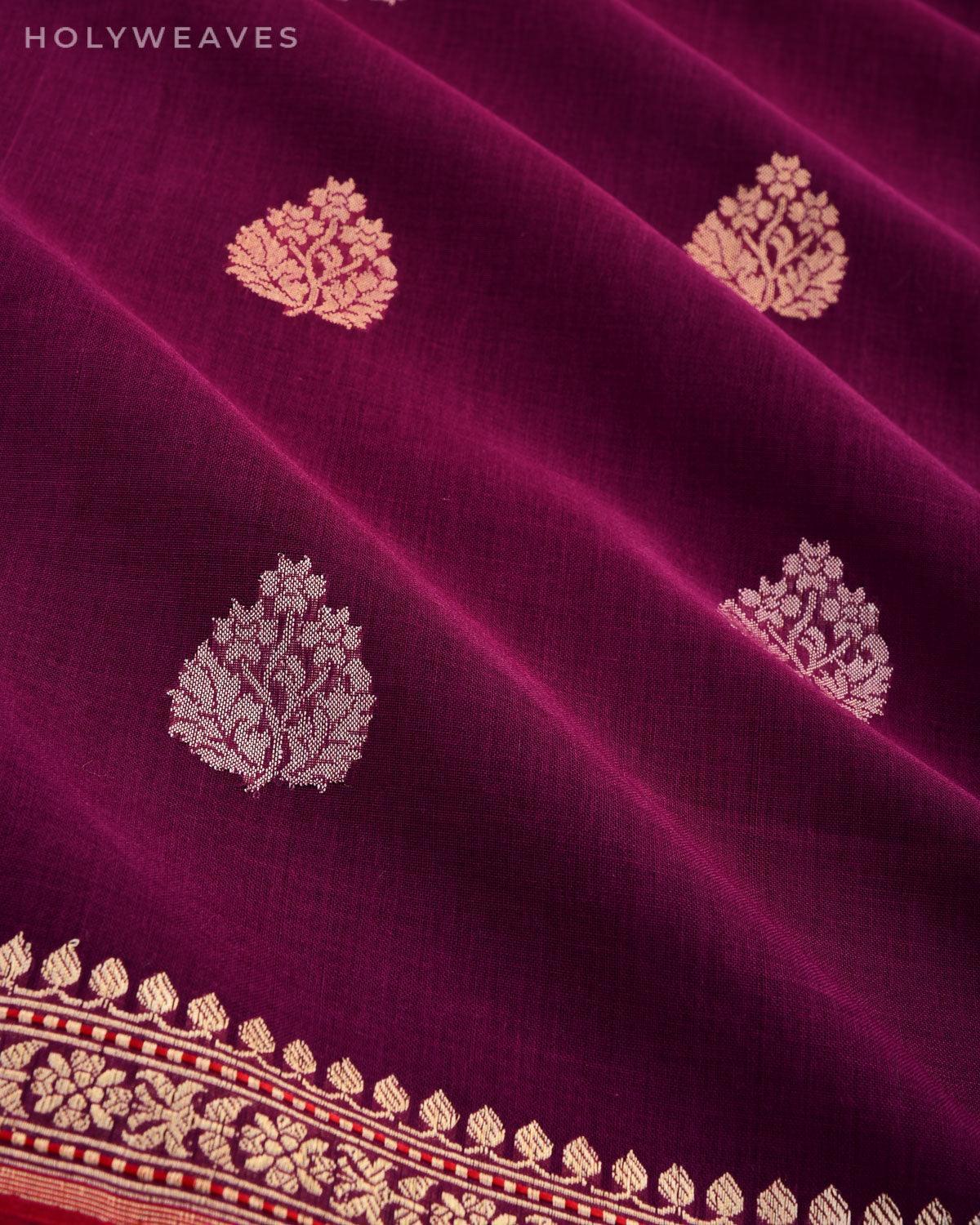 Magenta Banarasi Handwoven Ektara Buti Kadhuan Brocade Handloom Cotton Saree - By HolyWeaves, Benares