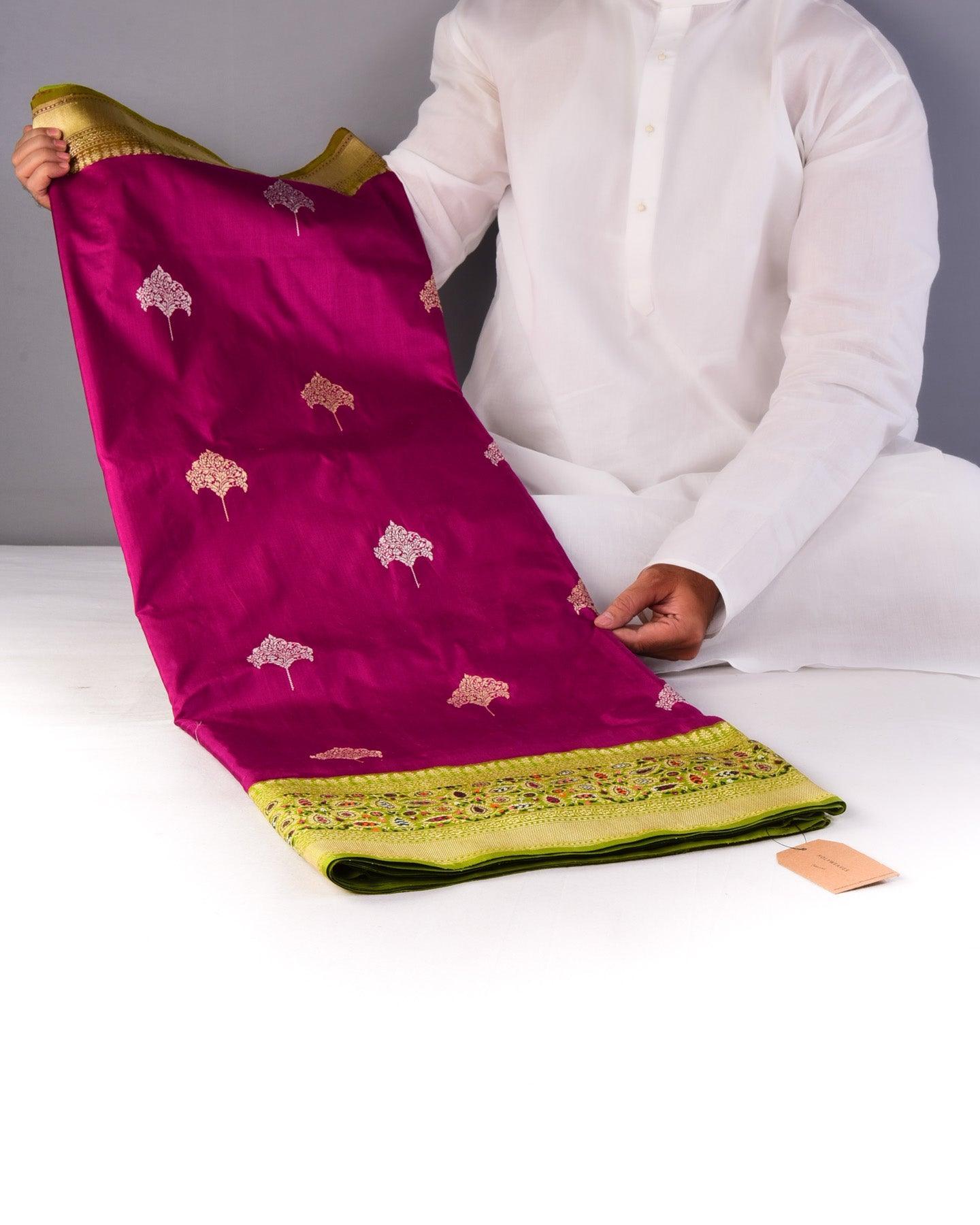 Magenta Banarasi Kadhuan Brocade Handwoven Katan Silk Saree with Chauhara Mennedar Border Pallu - By HolyWeaves, Benares