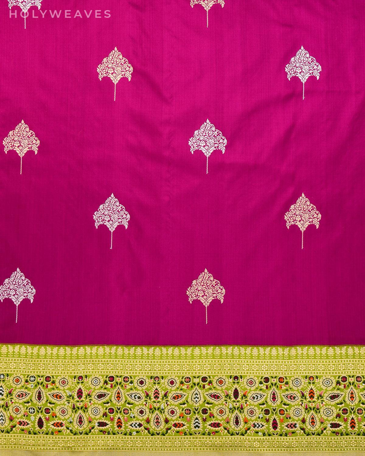 Magenta Banarasi Kadhuan Brocade Handwoven Katan Silk Saree with Chauhara Mennedar Border Pallu - By HolyWeaves, Benares