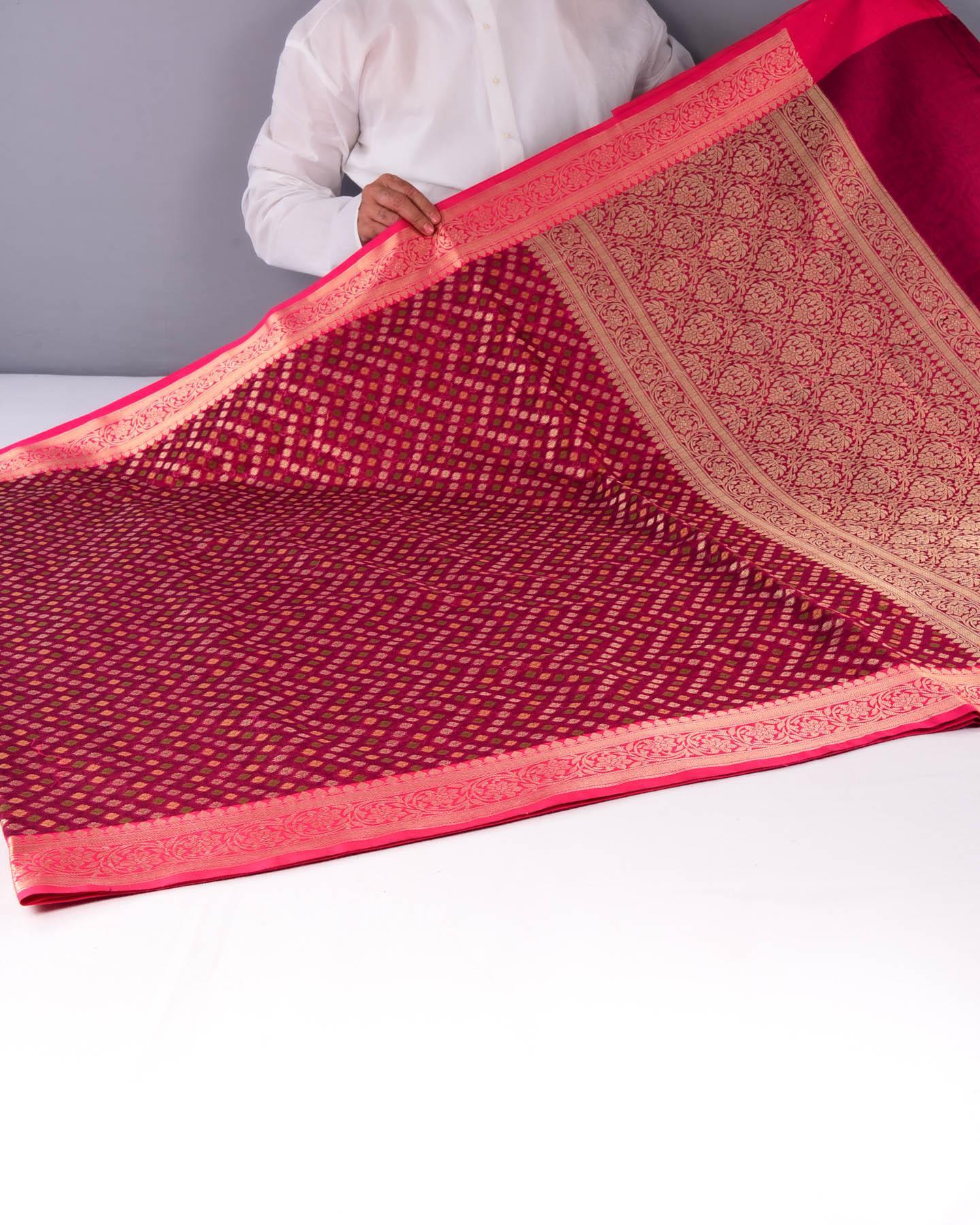 Magenta Banarasi Tehri Zig-Zag buti Cutwork Brocade Woven Cotton Silk Saree - By HolyWeaves, Benares