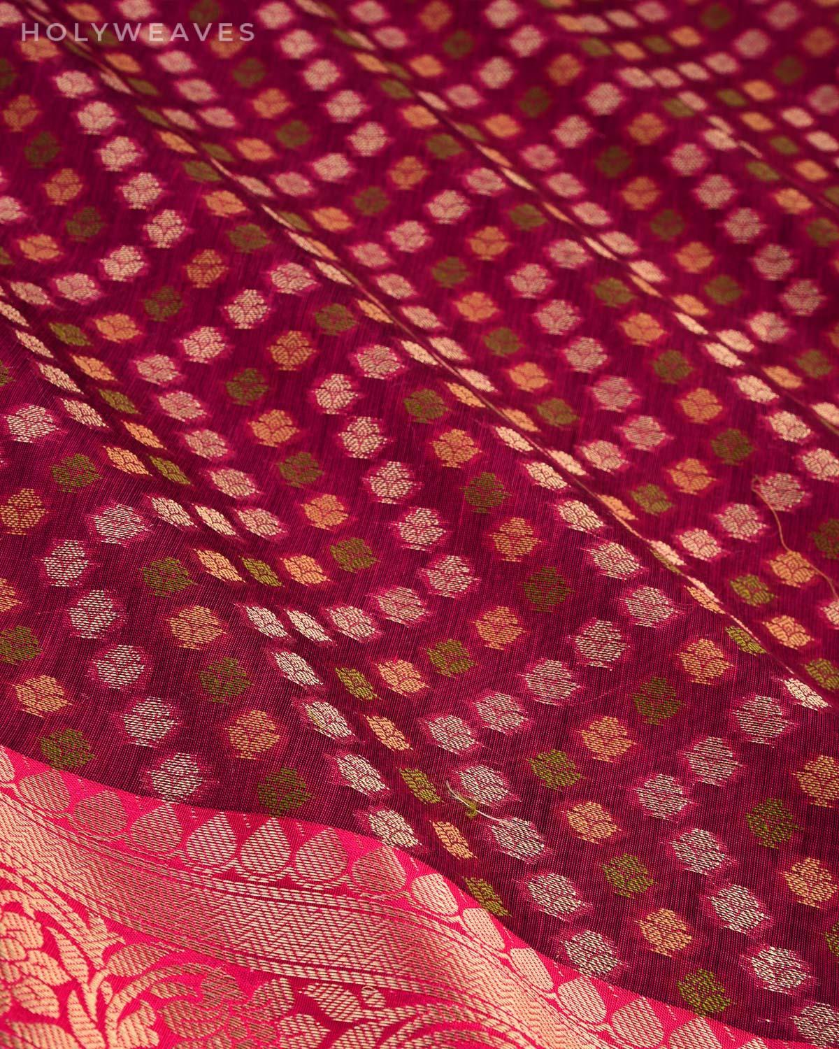 Magenta Banarasi Tehri Zig-Zag buti Cutwork Brocade Woven Cotton Silk Saree - By HolyWeaves, Benares