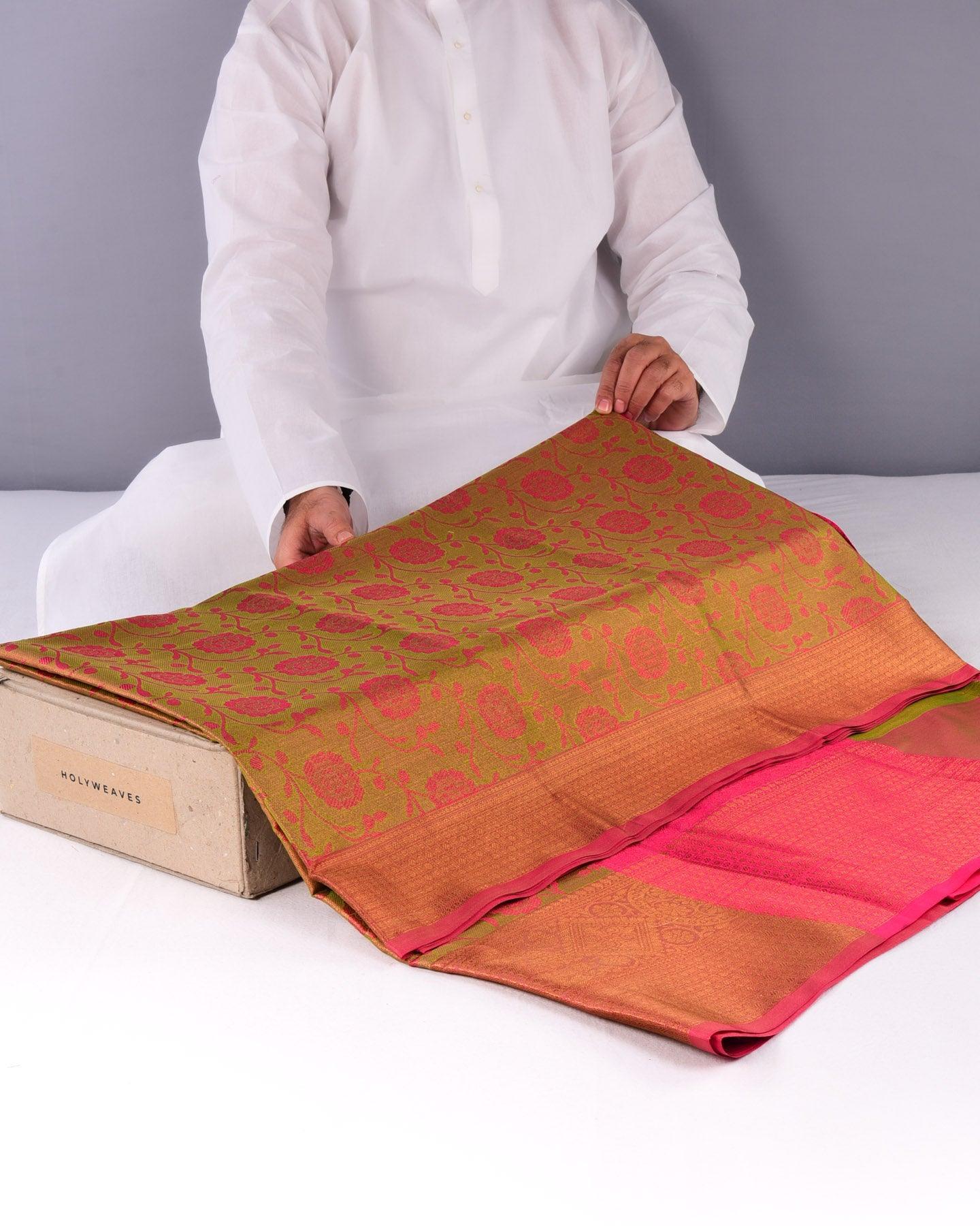 Magenta on Metallic Green Banarasi Tanchoi Brocade Woven Art Cotton Tissue Saree with Meena Bel Border - By HolyWeaves, Benares
