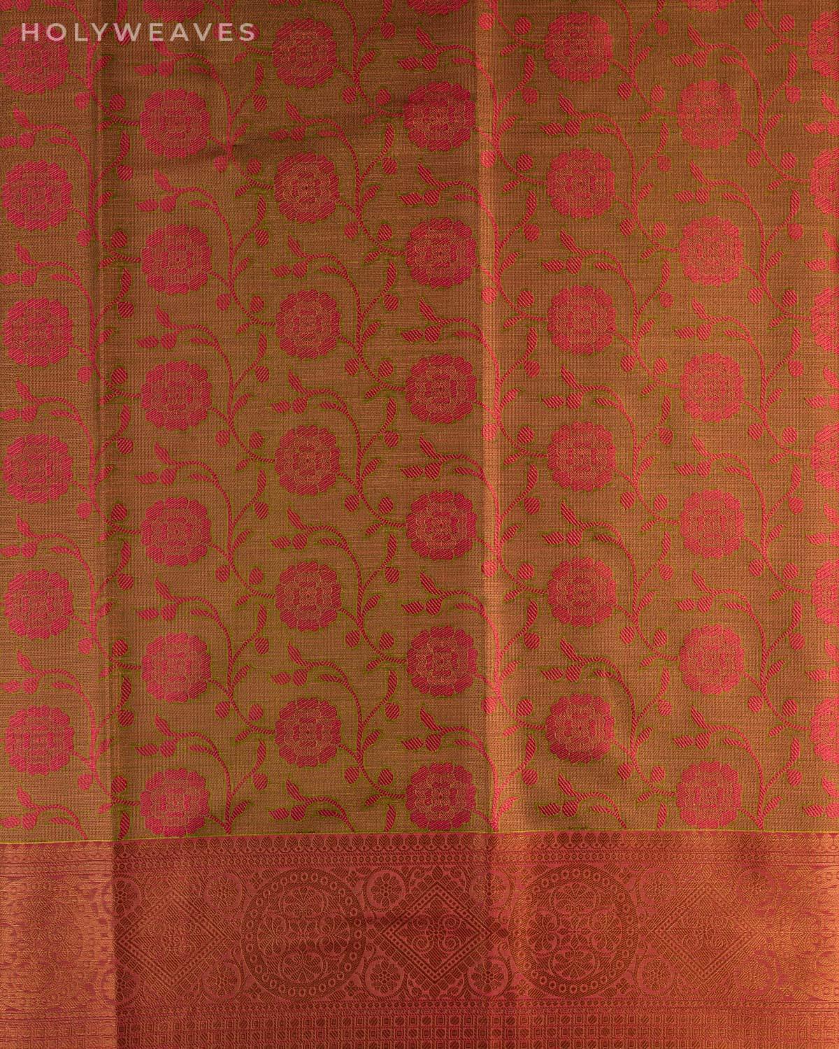 Magenta on Metallic Green Banarasi Tanchoi Brocade Woven Art Cotton Tissue Saree with Meena Bel Border - By HolyWeaves, Benares
