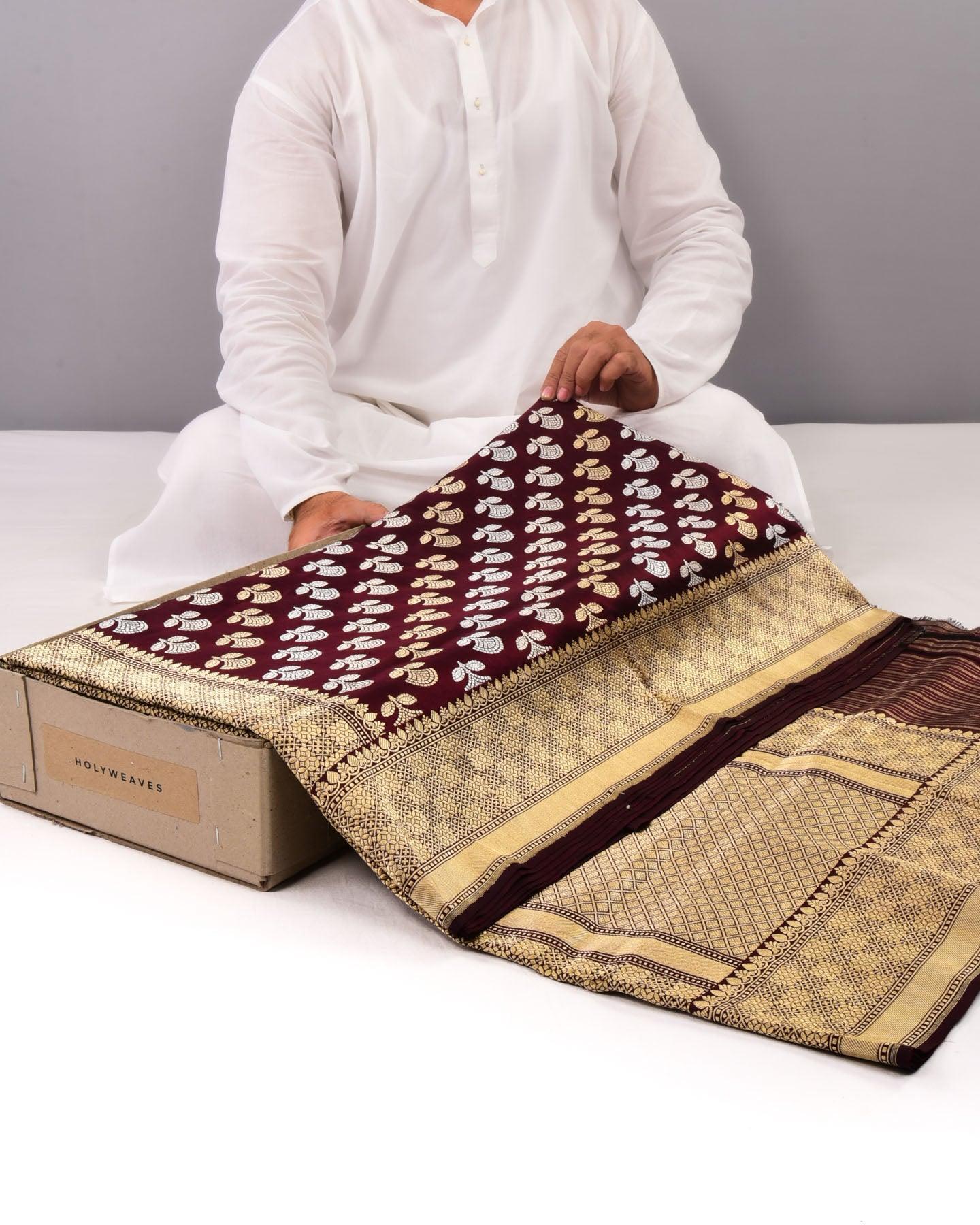Mahogany Banarasi Alfi Sona Rupa Kadhuan Brocade Handwoven Katan Silk Saree - By HolyWeaves, Benares