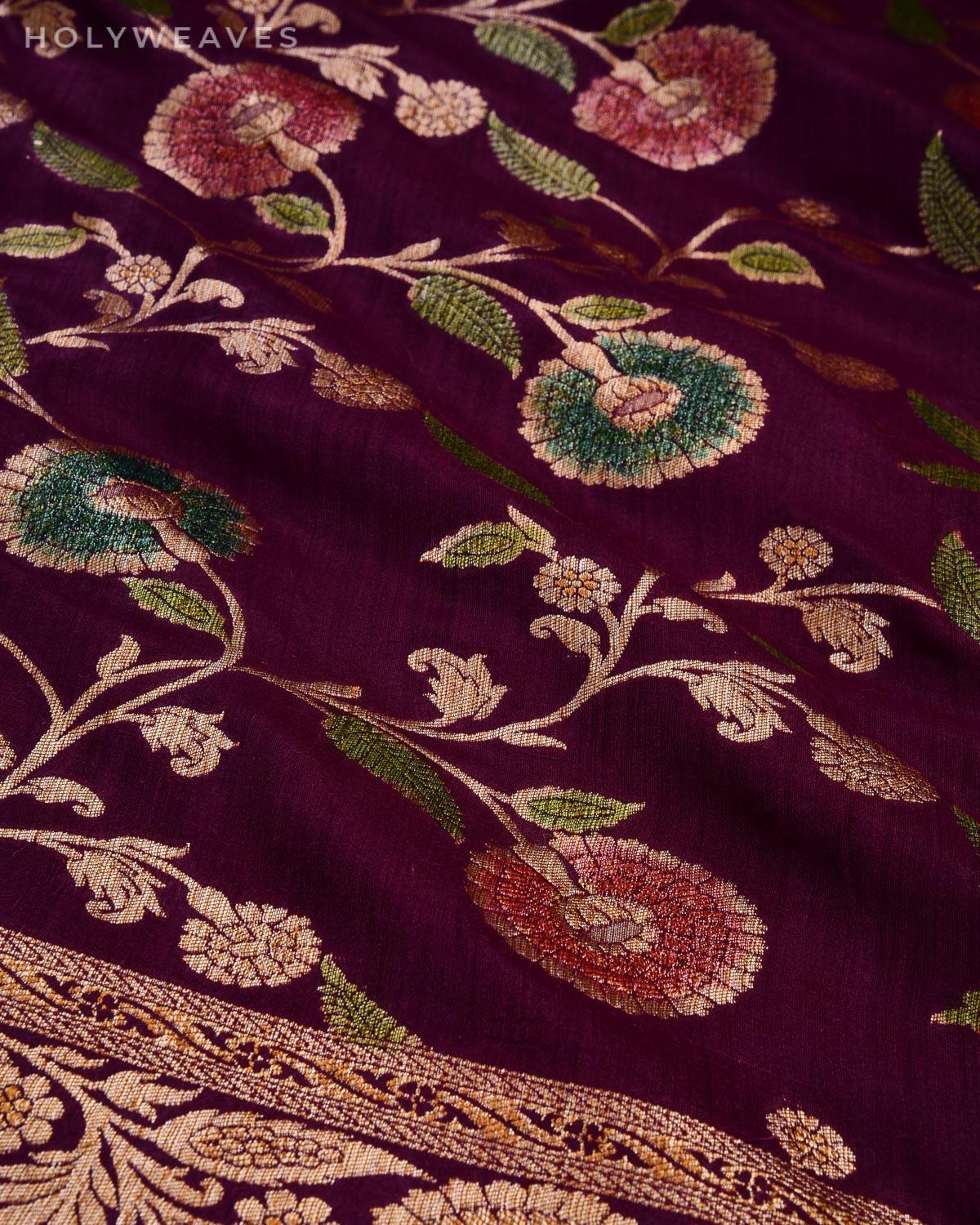 Mahogany Banarasi Antique Jaal Cutwork Brocade Handwoven Muga Silk Dupatta with Handbrush Dye - By HolyWeaves, Benares