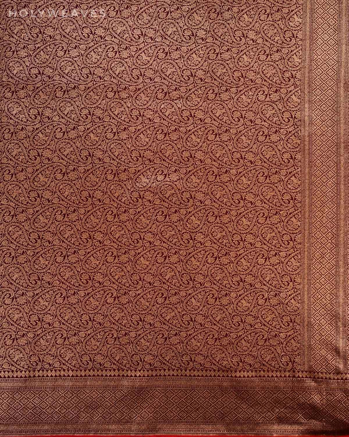 Mahogany Banarasi Antique Zari Brocade Handwoven Katan Silk Dupatta - By HolyWeaves, Benares