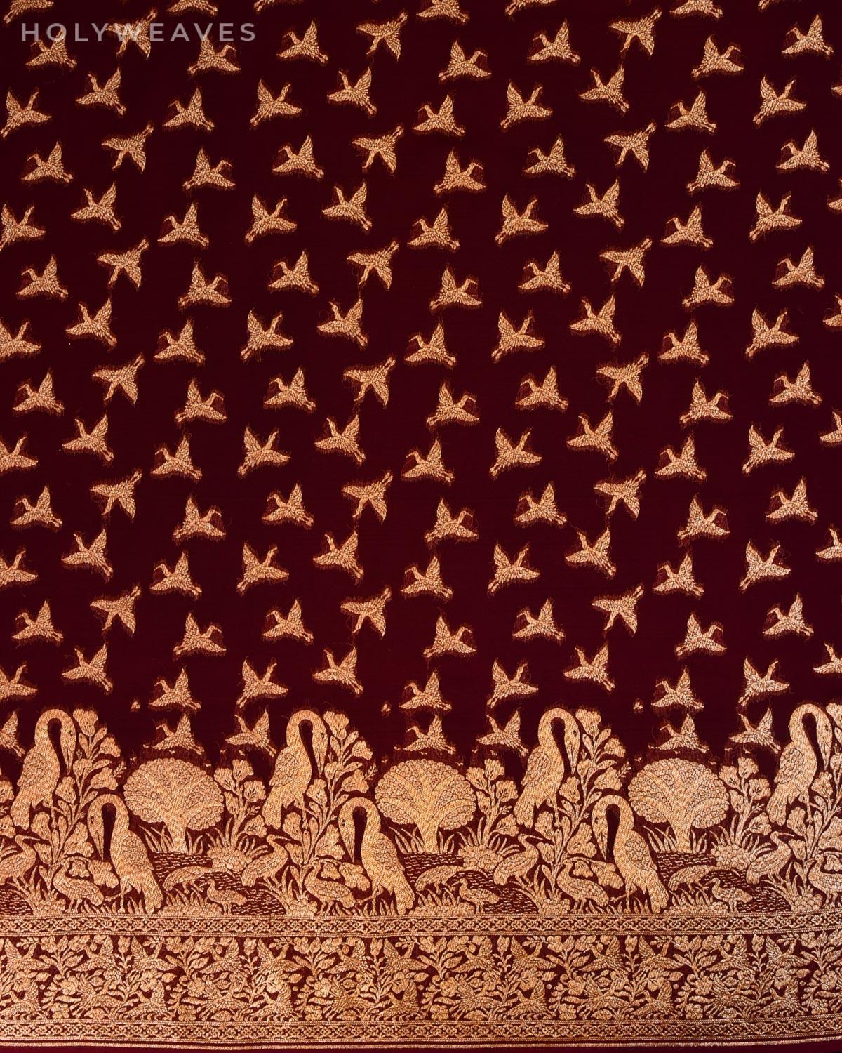 Mahogany Banarasi Antique Zari Flying Swans Cutwork Brocade Handwoven Khaddi Georgette Saree - By HolyWeaves, Benares
