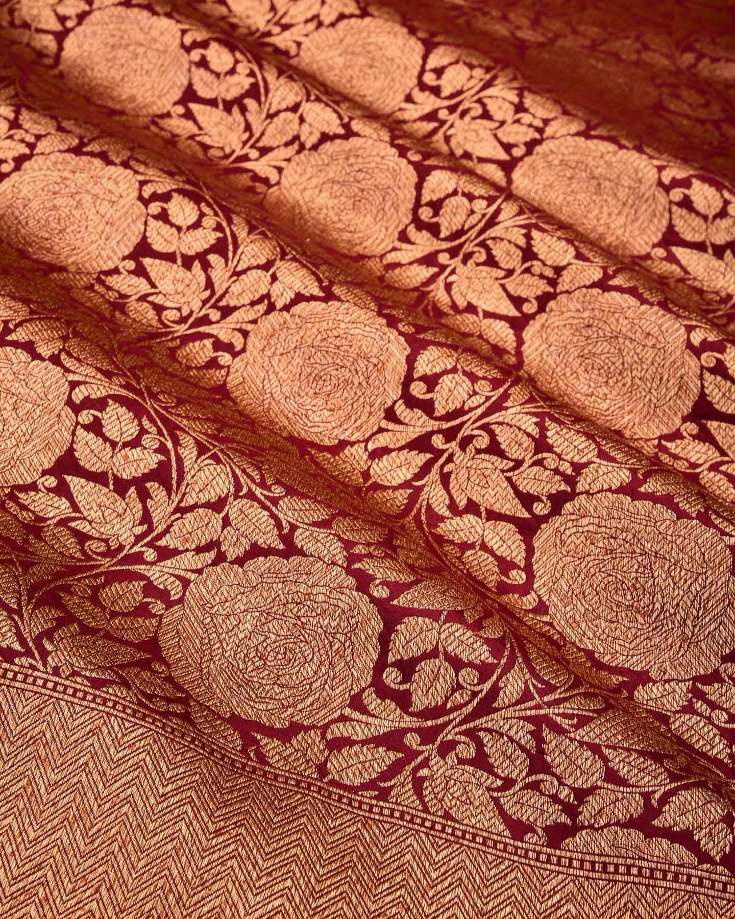 Mahogany Banarasi Antique Zari Gulab Jaal Brocade Handwoven Katan Silk Saree - By HolyWeaves, Benares