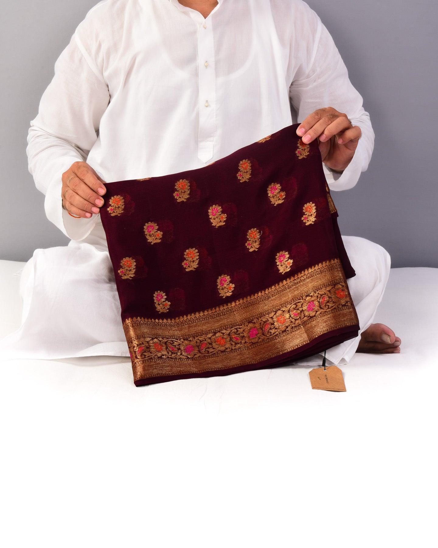Mahogany Banarasi Antique Zari Meenedar Cutwork Brocade Woven Khaddi Georgette Saree - By HolyWeaves, Benares