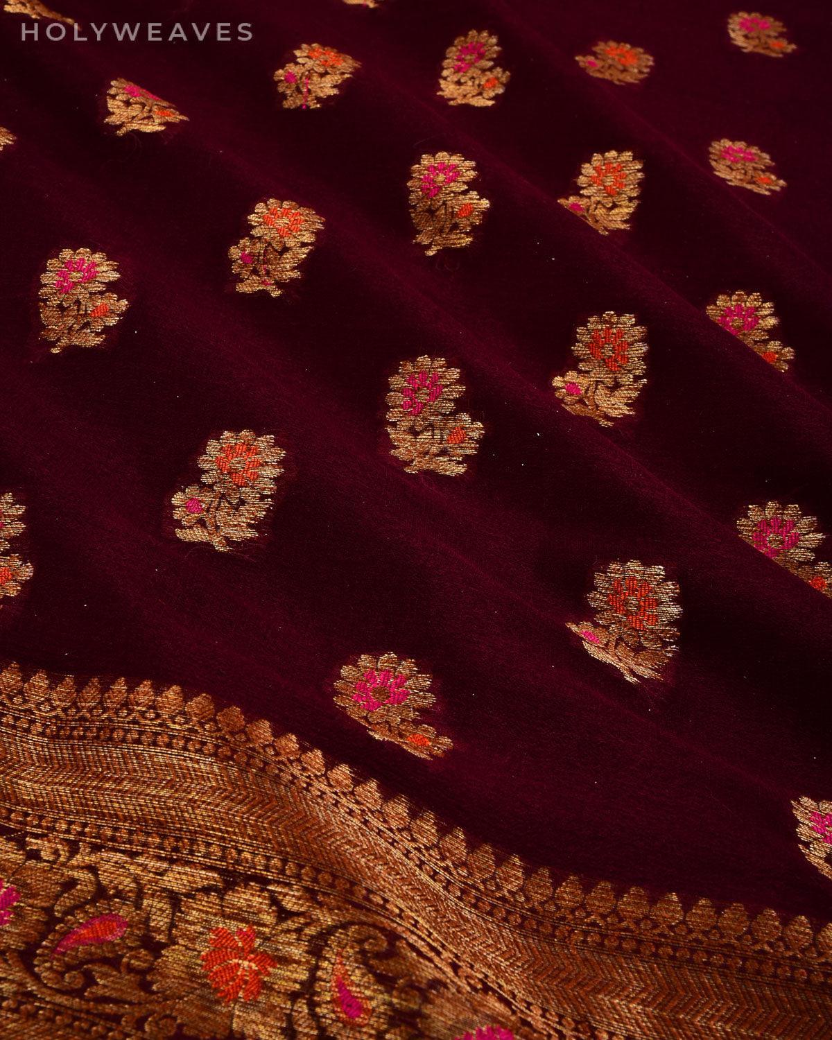 Mahogany Banarasi Antique Zari Meenedar Cutwork Brocade Woven Khaddi Georgette Saree - By HolyWeaves, Benares