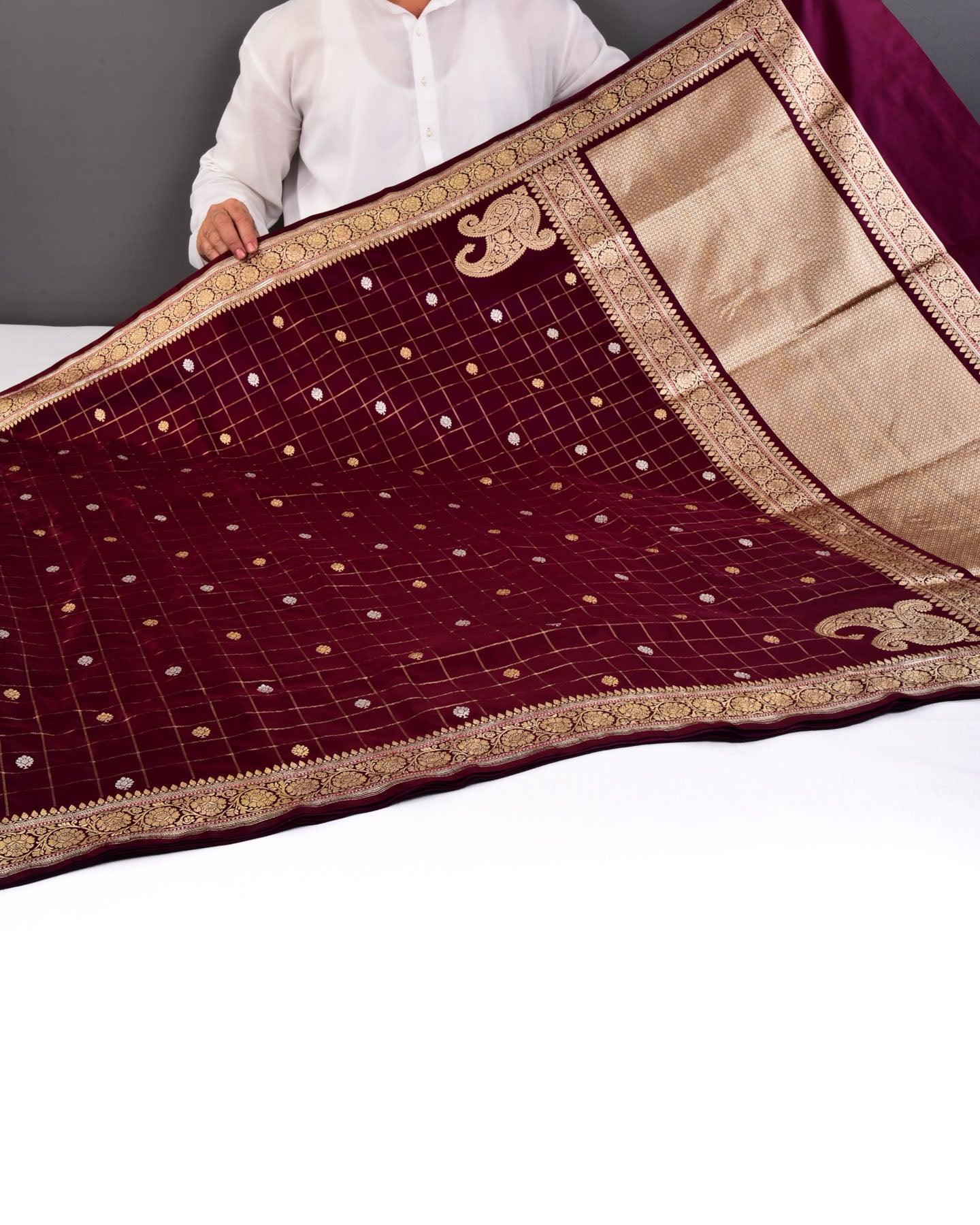 Mahogany Banarasi Chequered Zari Grid Satin Kadhuan Brocade Handwoven Katan Silk Saree - By HolyWeaves, Benares