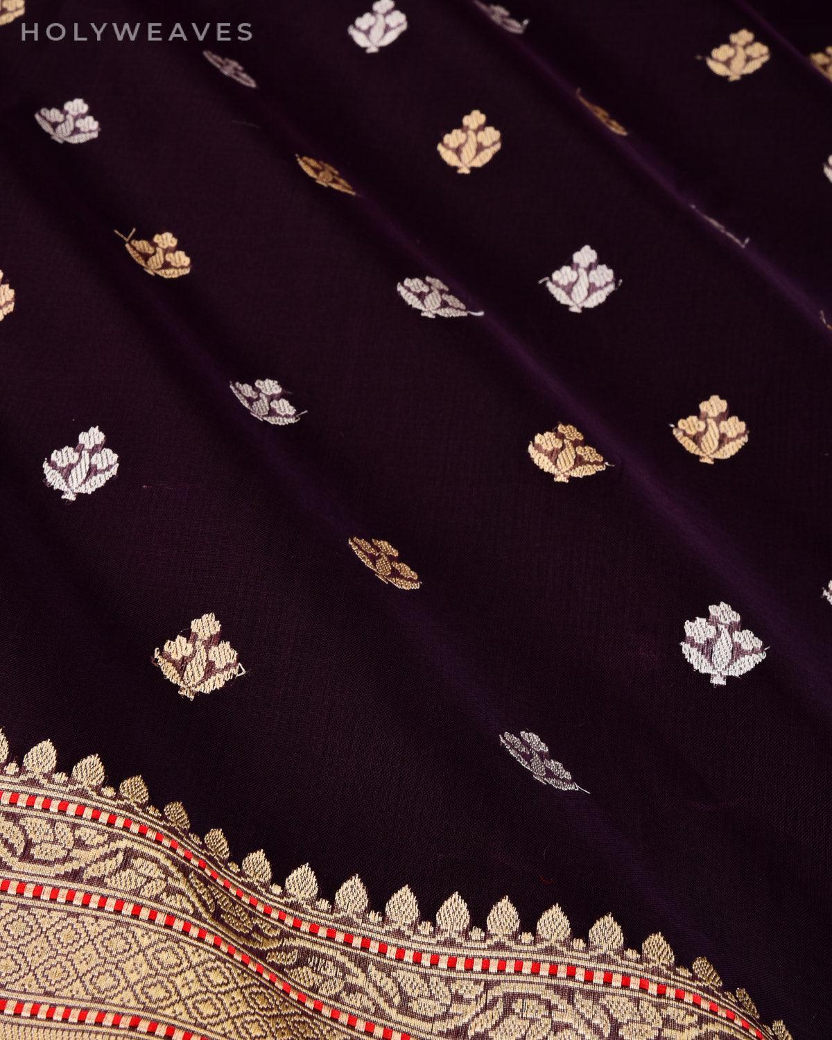 Mahogany Banarasi Gold & Silver Buti Kadhuan Brocade Handwoven Kora Silk Saree - By HolyWeaves, Benares