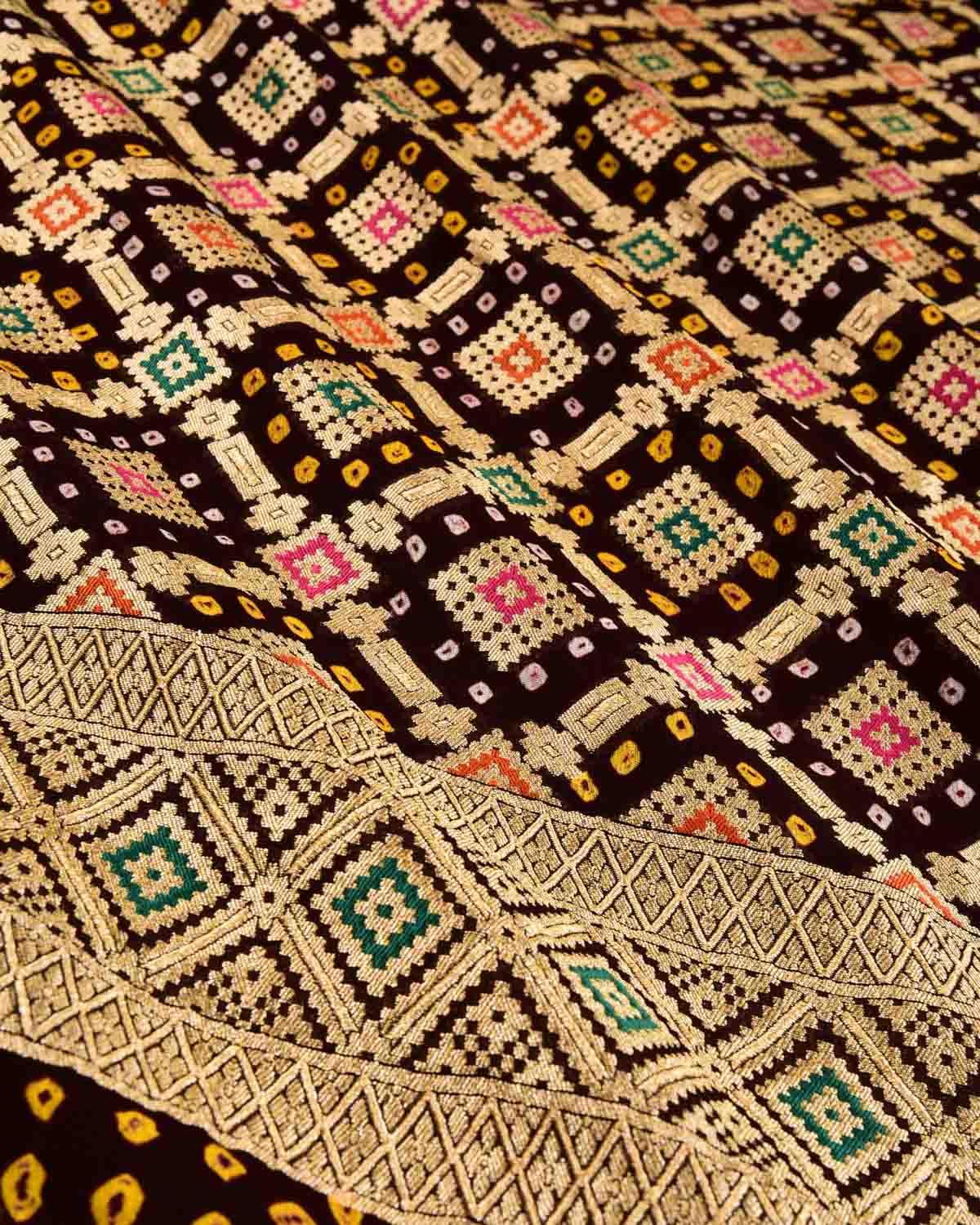 Mahogany Banarasi Gold Zari with Meenekari Cutwork Brocade Handwoven Khaddi Georgette Dupatta with Yellow Bandhej - By HolyWeaves, Benares