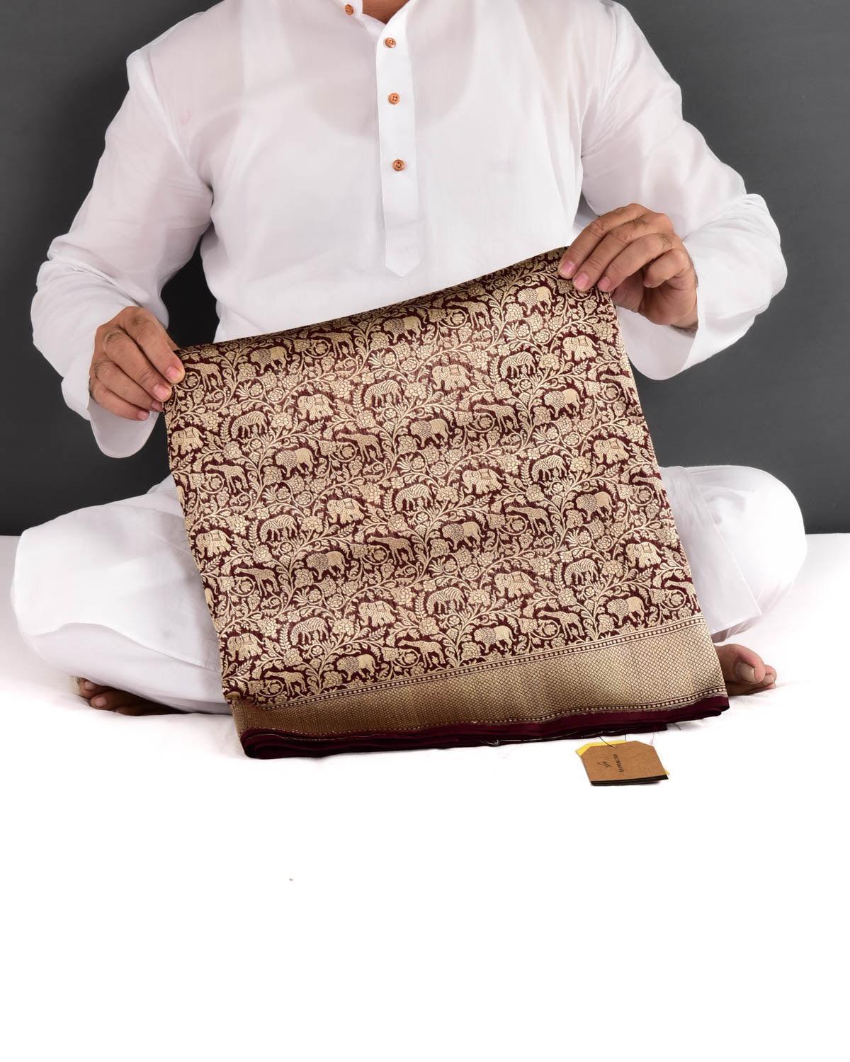 Mahogany Banarasi Lion Giraffe Zebra Elephant Shikargah Brocade Handwoven Katan Silk Saree - By HolyWeaves, Benares