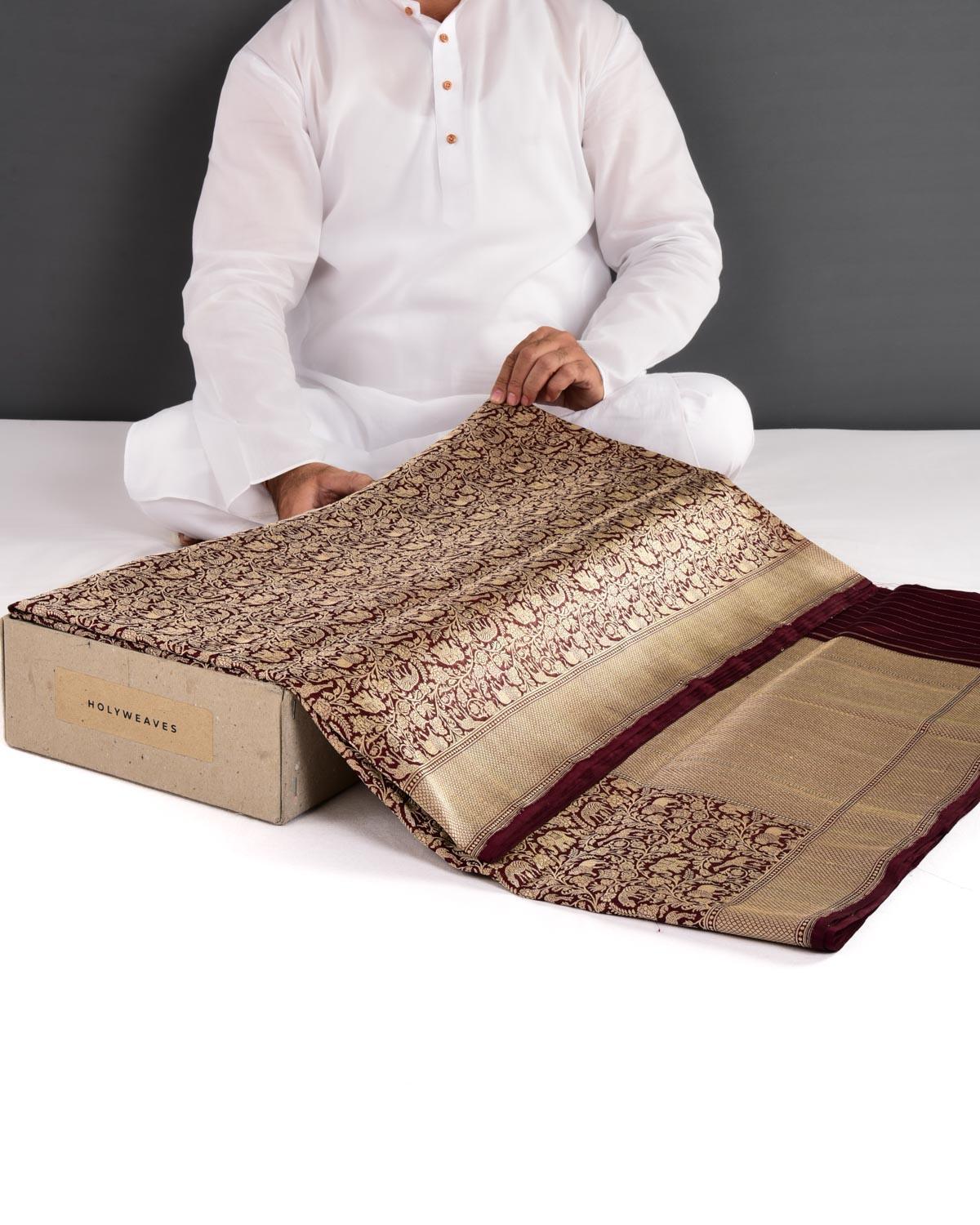 Mahogany Banarasi Lion Giraffe Zebra Elephant Shikargah Brocade Handwoven Katan Silk Saree - By HolyWeaves, Benares