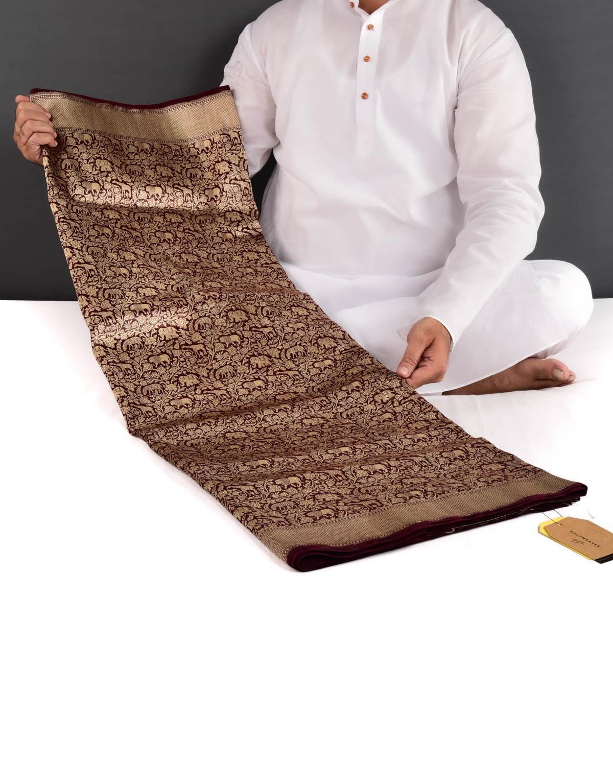 Mahogany Banarasi Lion Giraffe Zebra Elephant Shikargah Brocade Handwoven Katan Silk Saree - By HolyWeaves, Benares