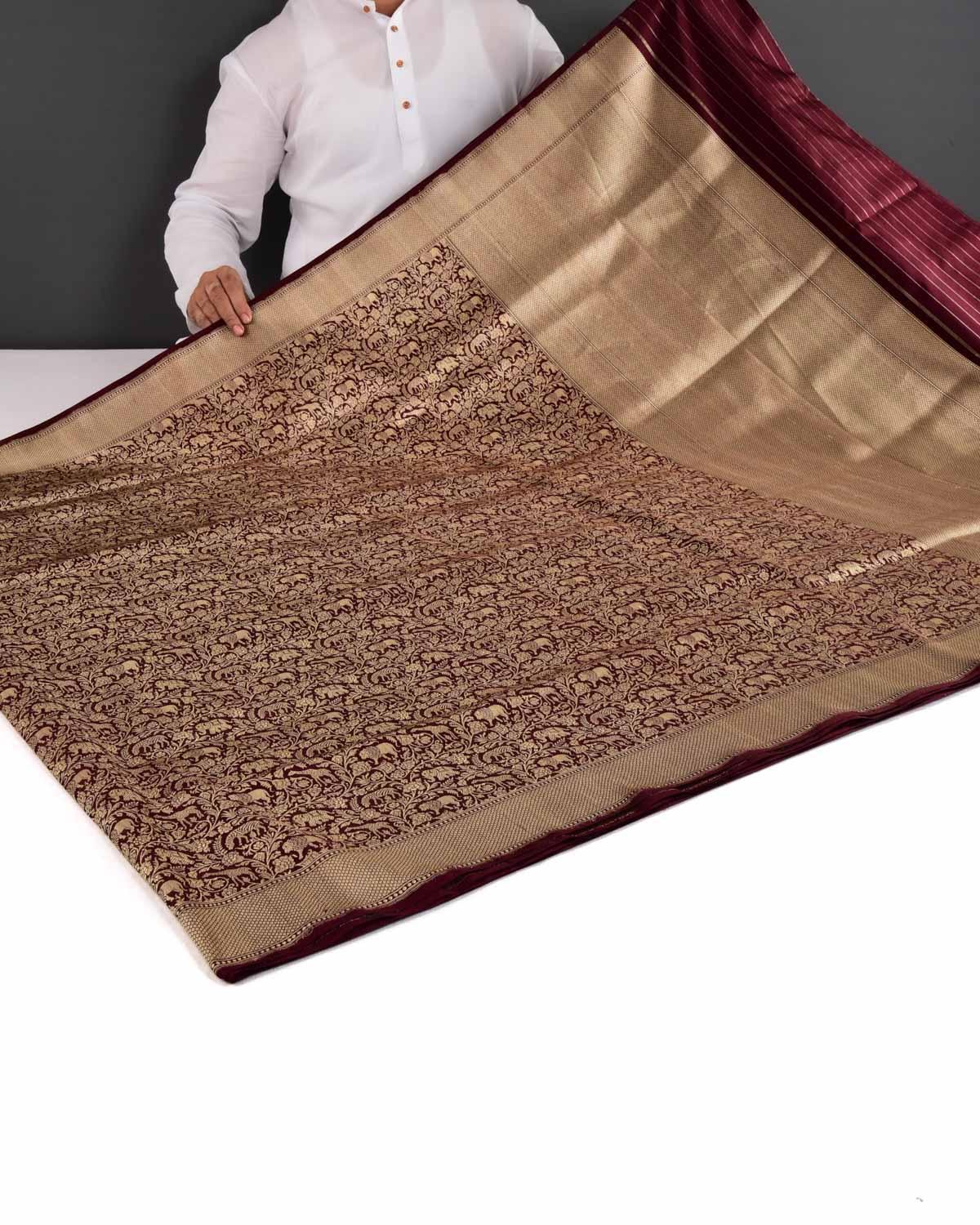Mahogany Banarasi Lion Giraffe Zebra Elephant Shikargah Brocade Handwoven Katan Silk Saree - By HolyWeaves, Benares