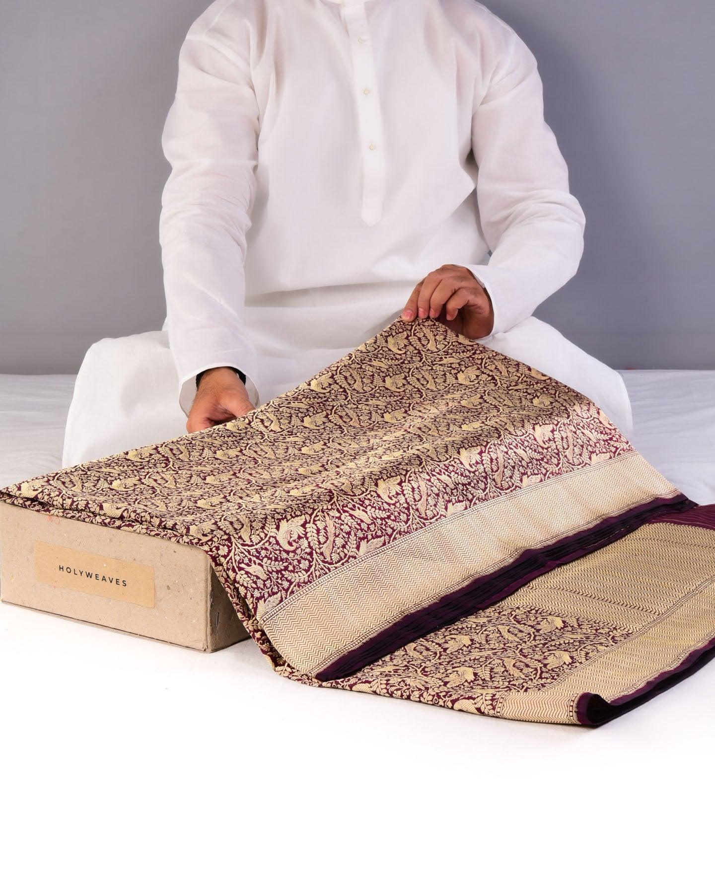 Mahogany Banarasi Shikargah Brocade Handwoven Katan Silk Saree - By HolyWeaves, Benares