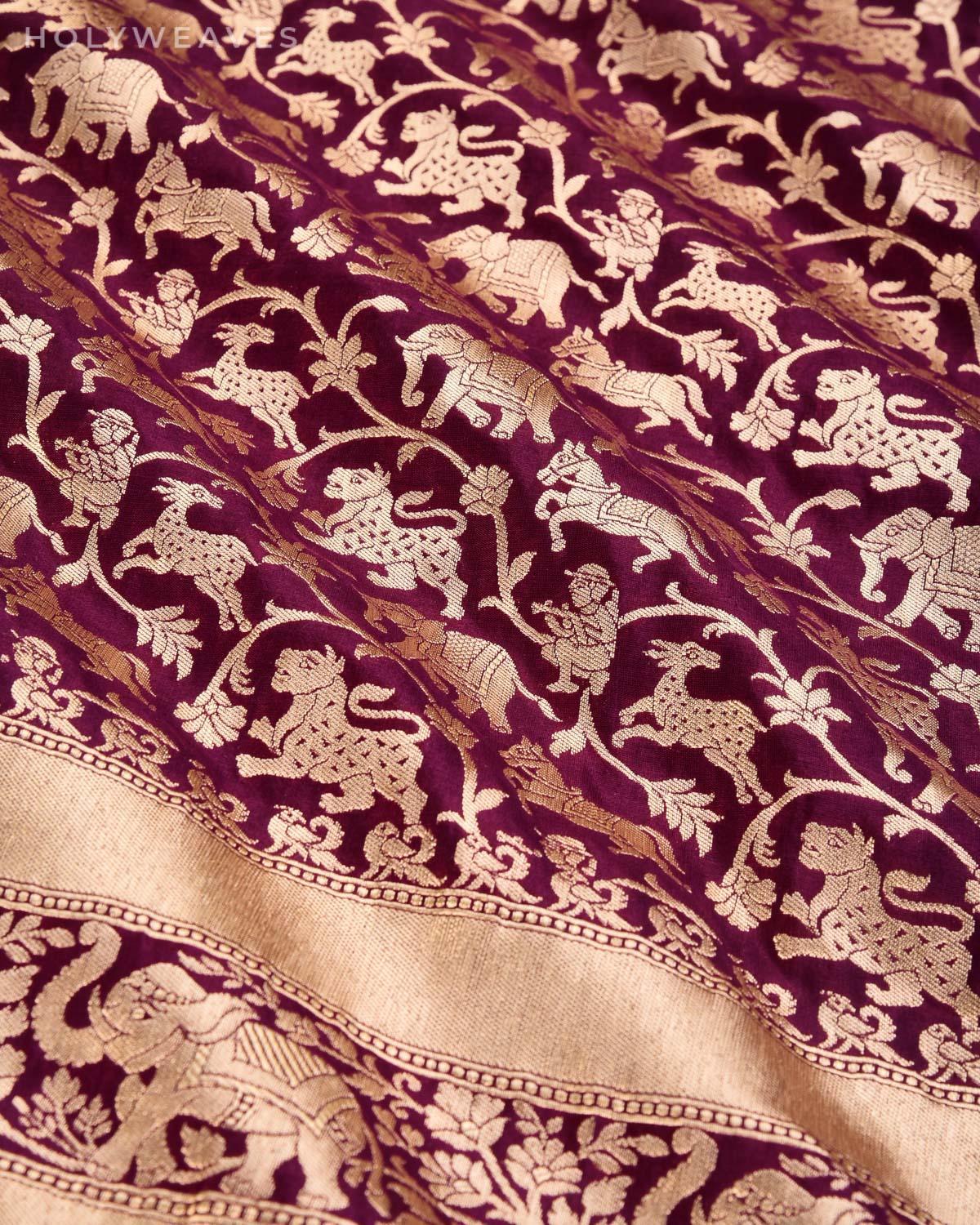 Mahogany Banarasi Shikargah Cutwork Brocade Handwoven Katan Silk Saree with Elephant Trail Border - By HolyWeaves, Benares