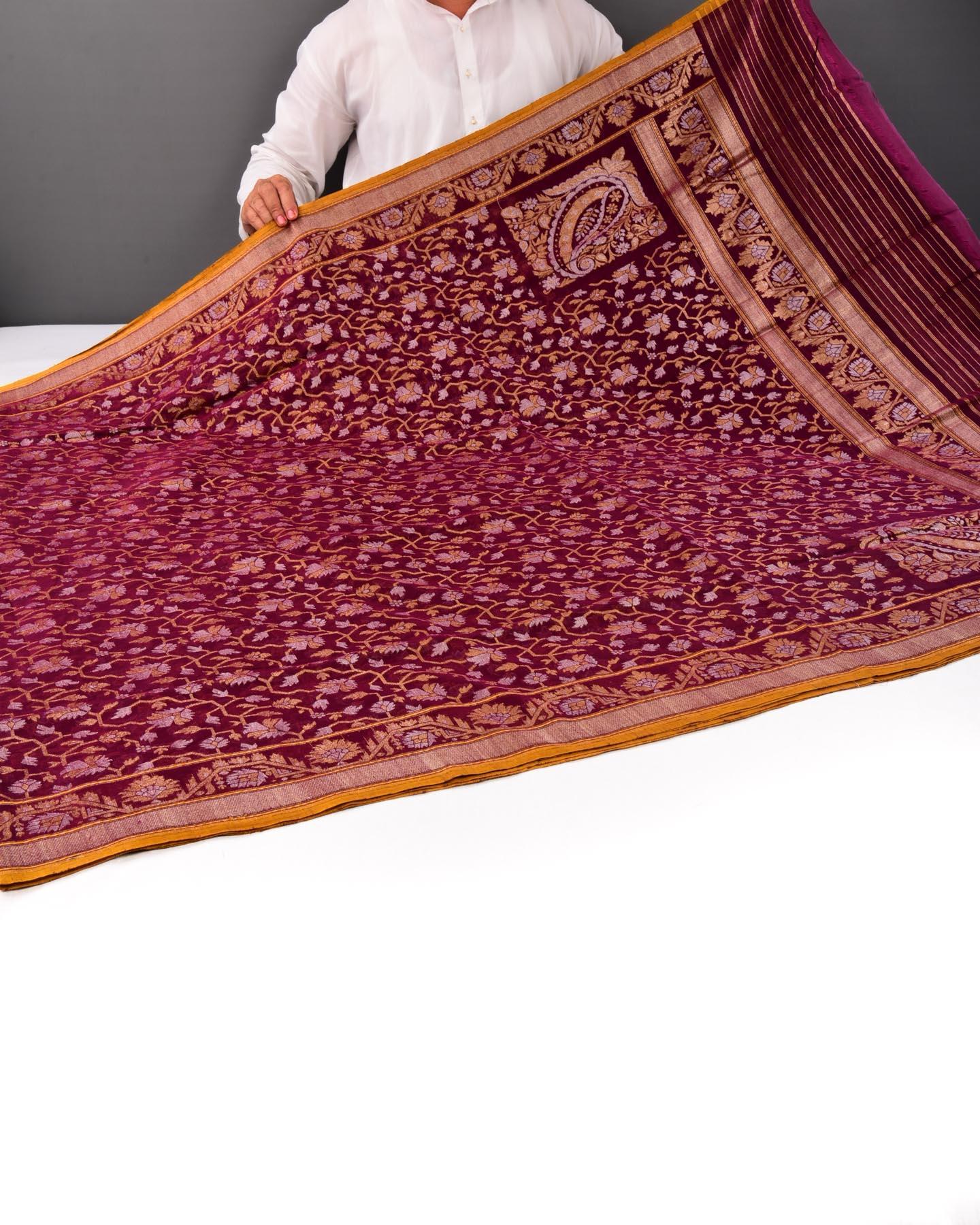 Mahogany Banarasi Sona Rupa Jaal Rakhtambari Cutwork Brocade Handwoven Handloom Cotton Saree - By HolyWeaves, Benares