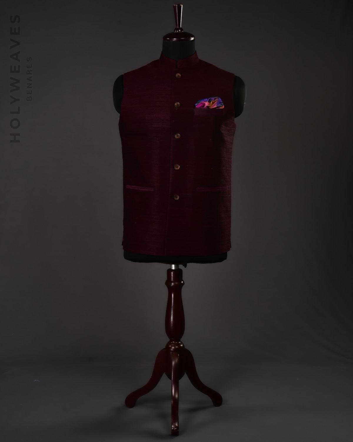 Mahogany Banarasi Textured Handwoven Raw Silk Mens Modi Jacket - By HolyWeaves, Benares