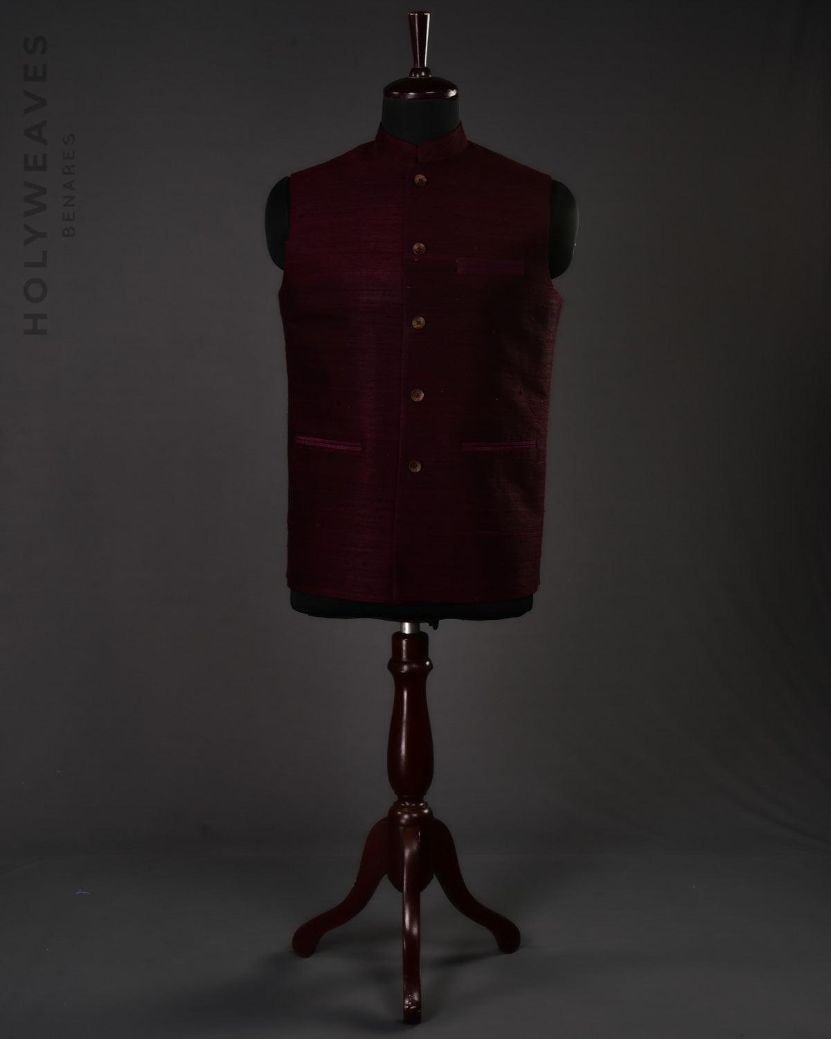 Mahogany Banarasi Textured Handwoven Raw Silk Mens Modi Jacket - By HolyWeaves, Benares