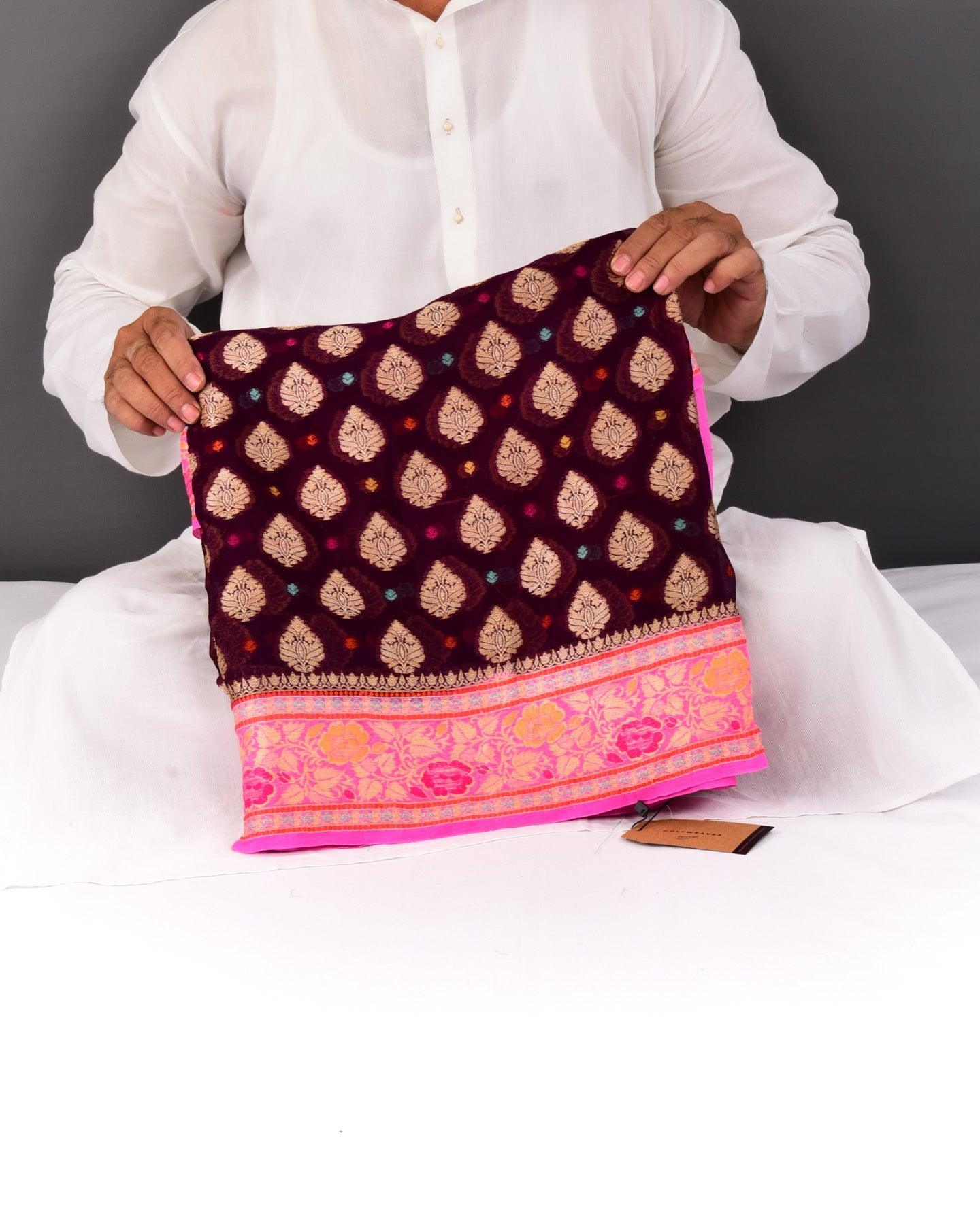 Mahogany Banarasi Zari & Resham Meena Buti Cutwork Brocade Woven Khaddi Georgette Saree - By HolyWeaves, Benares