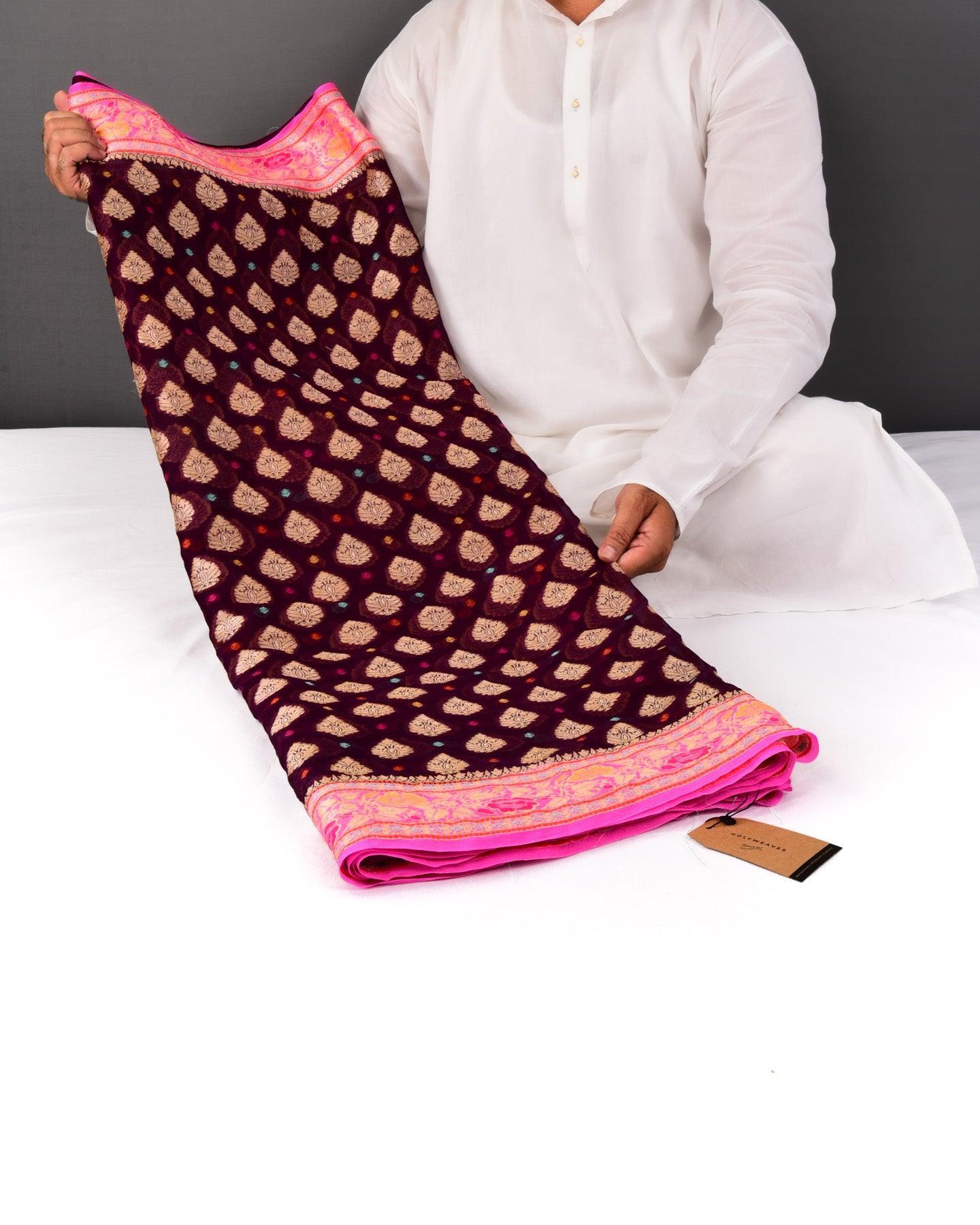 Mahogany Banarasi Zari & Resham Meena Buti Cutwork Brocade Woven Khaddi Georgette Saree - By HolyWeaves, Benares