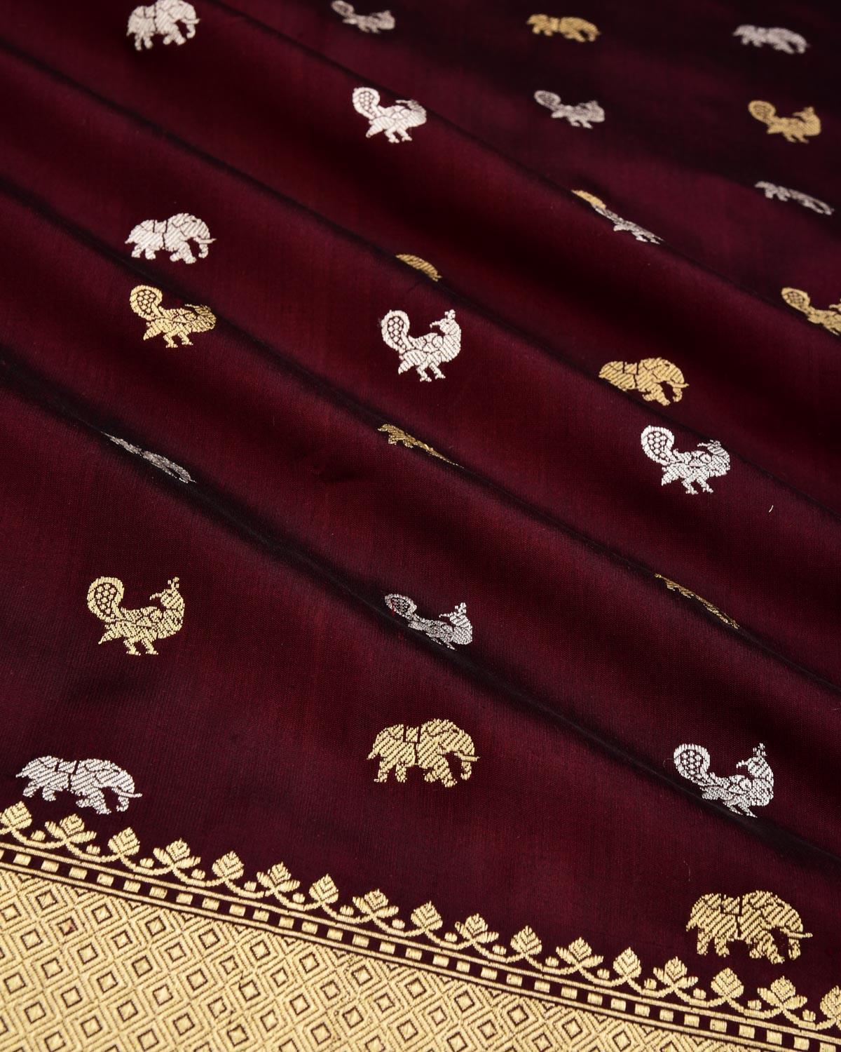 Mahogany Brown Banarasi Elephant & Peacock Buti Gold & Silver Zari Kadhuan Brocade Handwoven Katan Silk Saree - By HolyWeaves, Benares