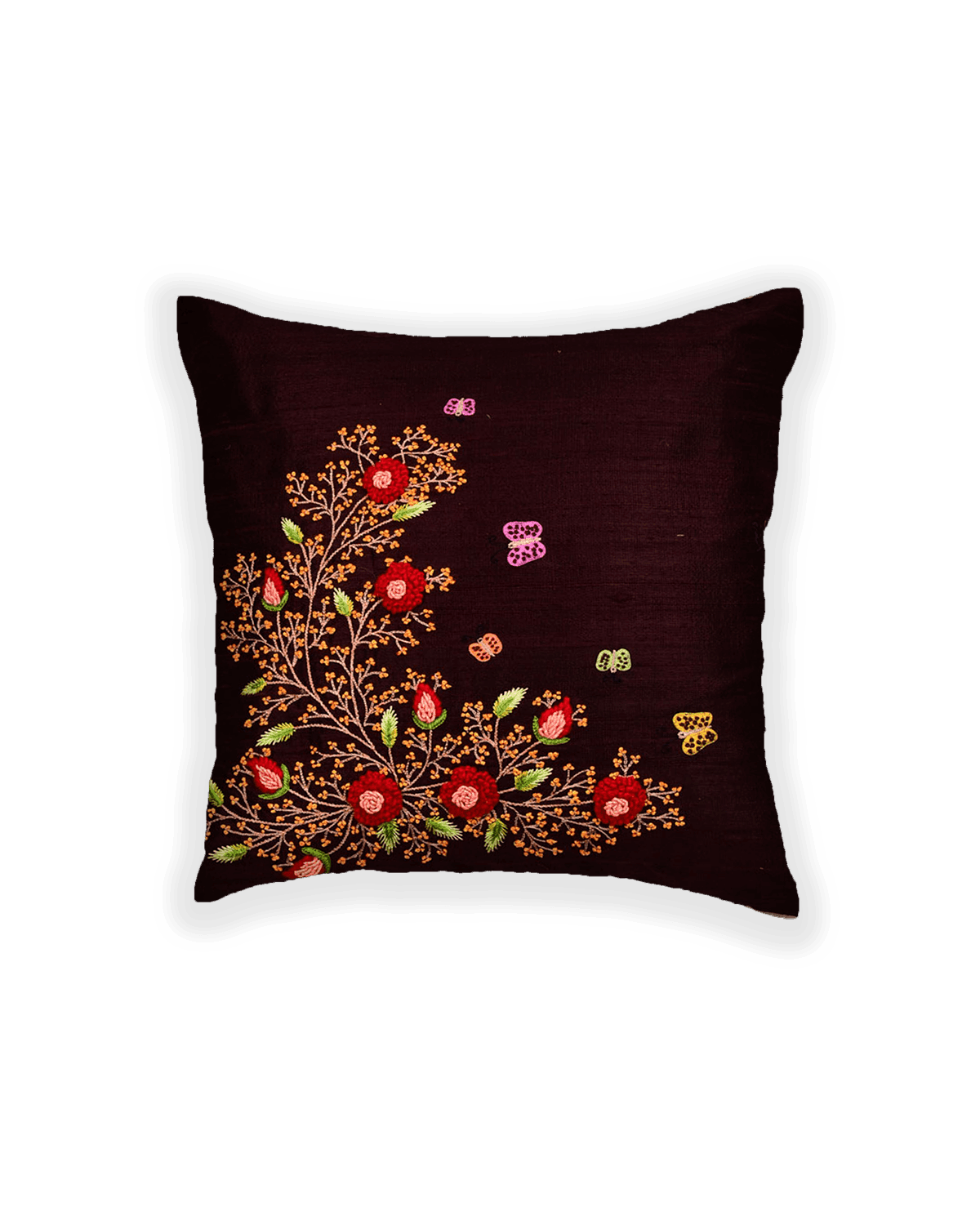 Mahogany Hand-embroidered Raw Silk Cushion Cover 16" - By HolyWeaves, Benares