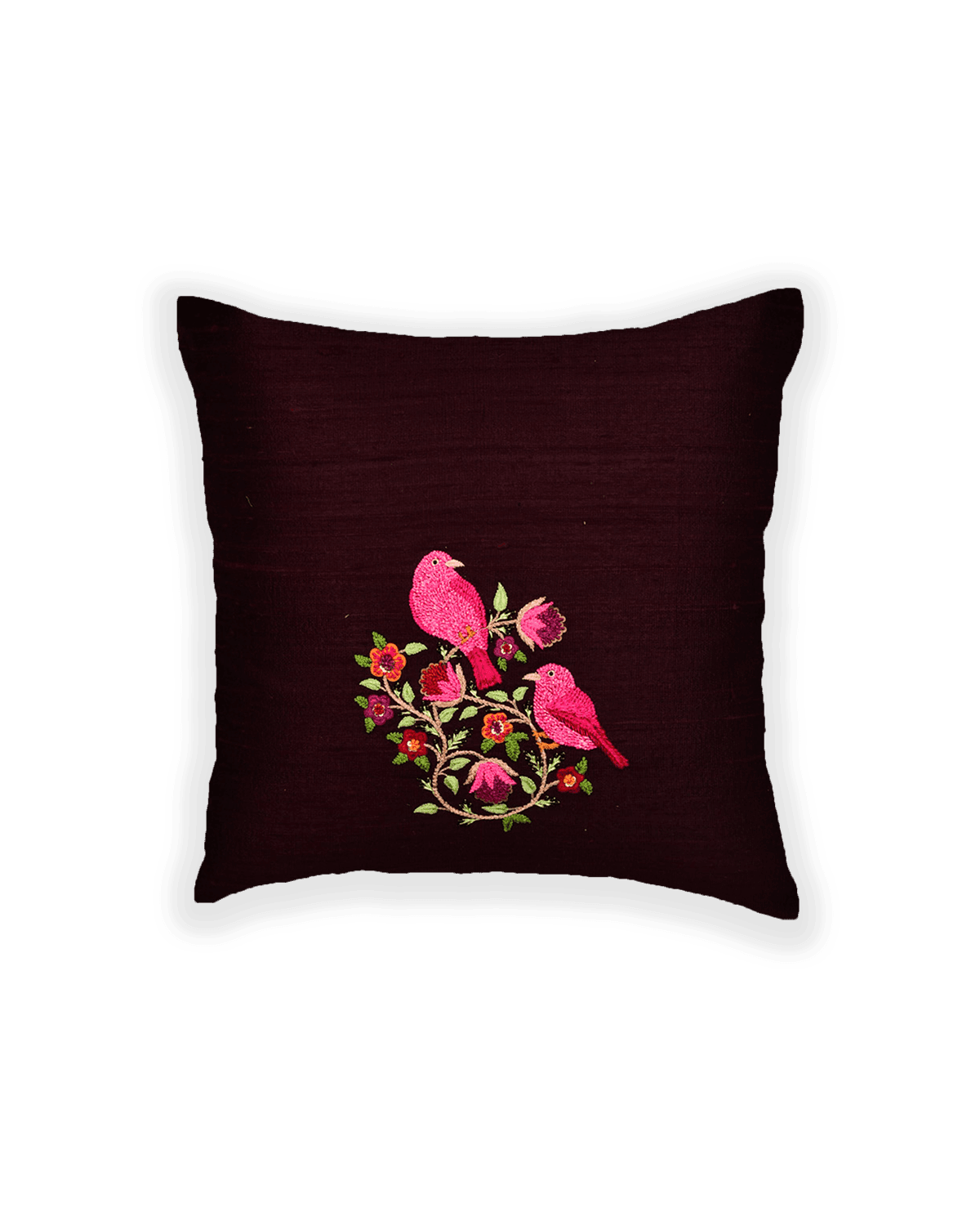 Mahogany Hand-embroidered Raw Silk Cushion Cover with Satin Back 16" - By HolyWeaves, Benares