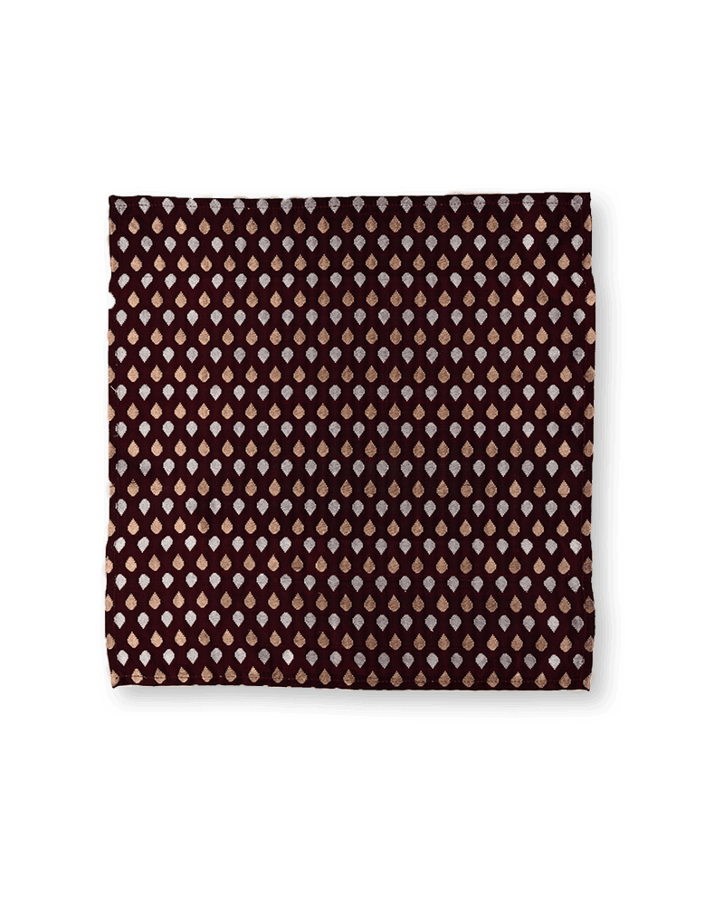 Mahogany Metallic Gold & Silver Raindrop Brocade Handwoven Pure Silk Pocket Square For Men - By HolyWeaves, Benares