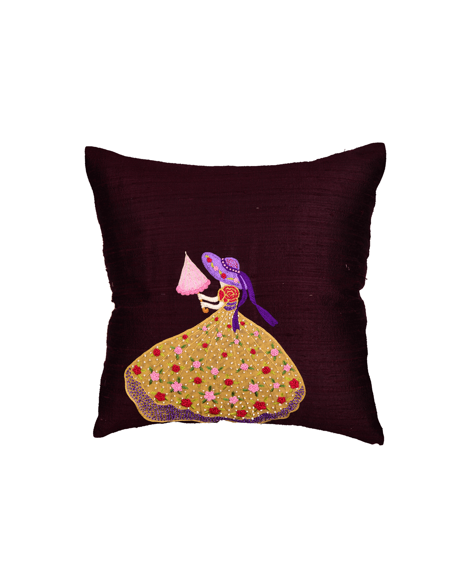 Mahogany Premium Hand-embroidered Raw Silk Centrepiece Cushion Cover 16" - By HolyWeaves, Benares