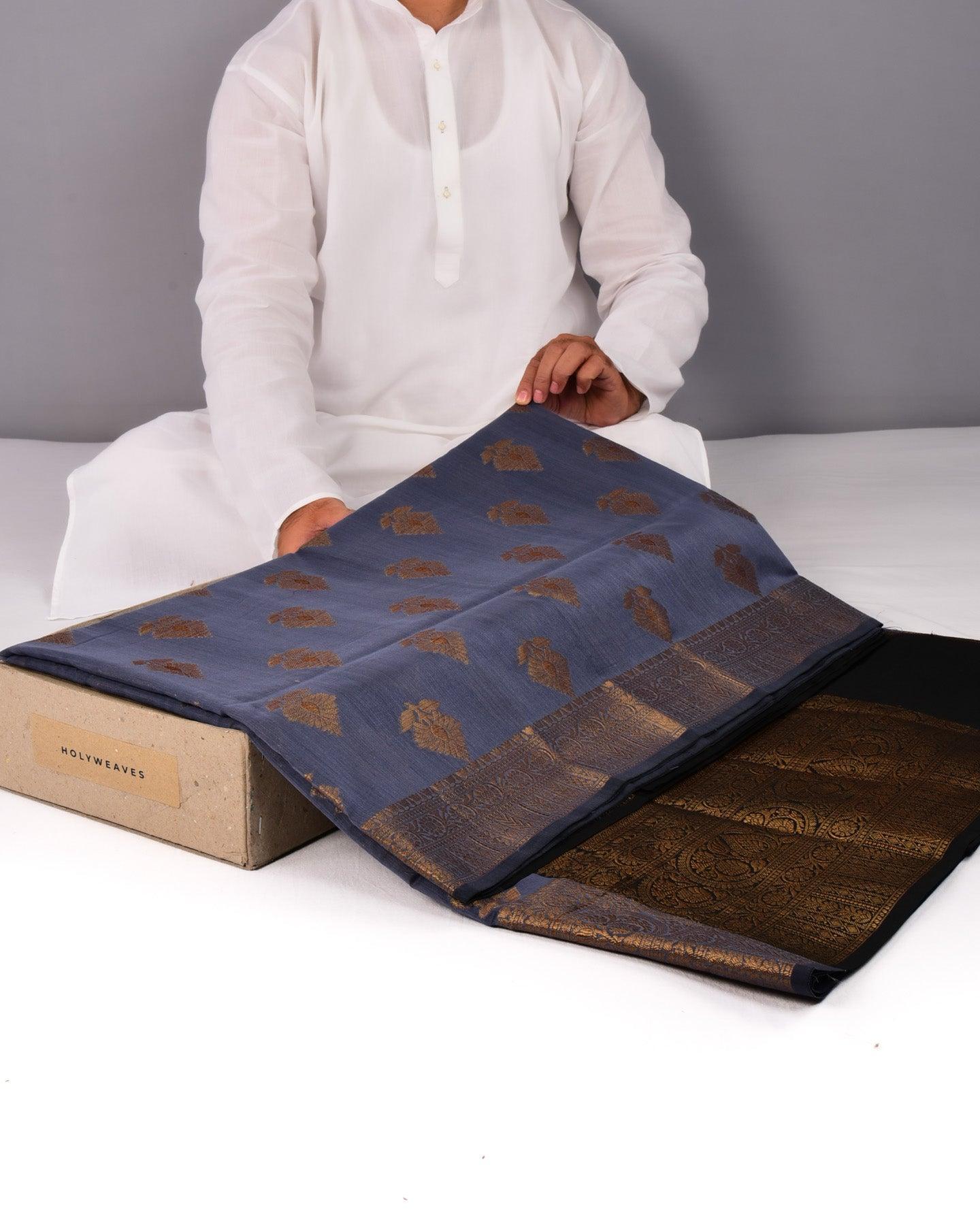 Marengo Gray Banarasi Antique Zari Cutwork Brocade Woven Cotton Silk Saree with Black Brocade Blouse Piece - By HolyWeaves, Benares