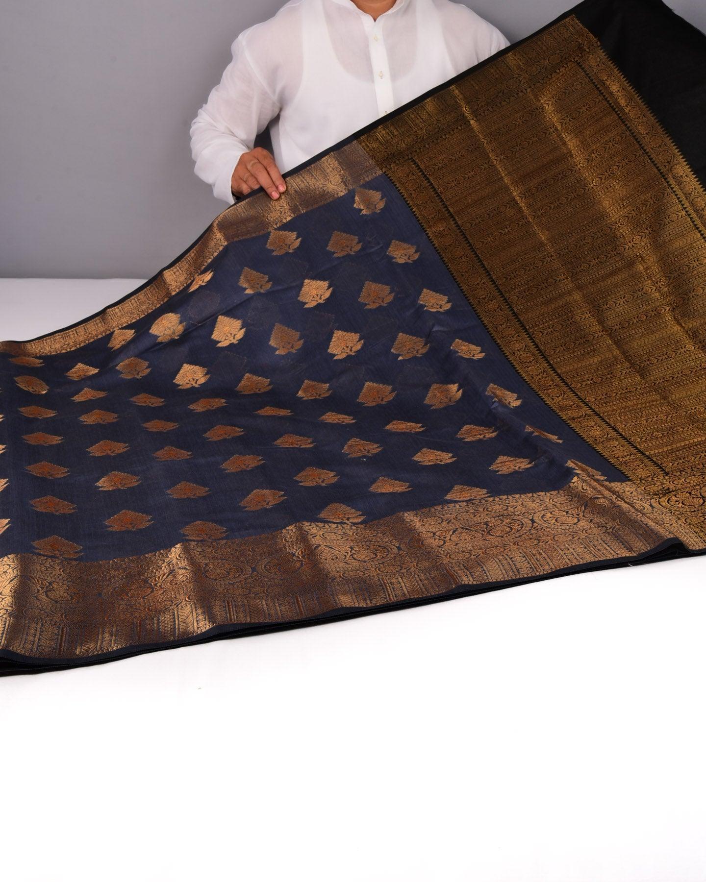 Marengo Gray Banarasi Antique Zari Cutwork Brocade Woven Cotton Silk Saree with Black Brocade Blouse Piece - By HolyWeaves, Benares