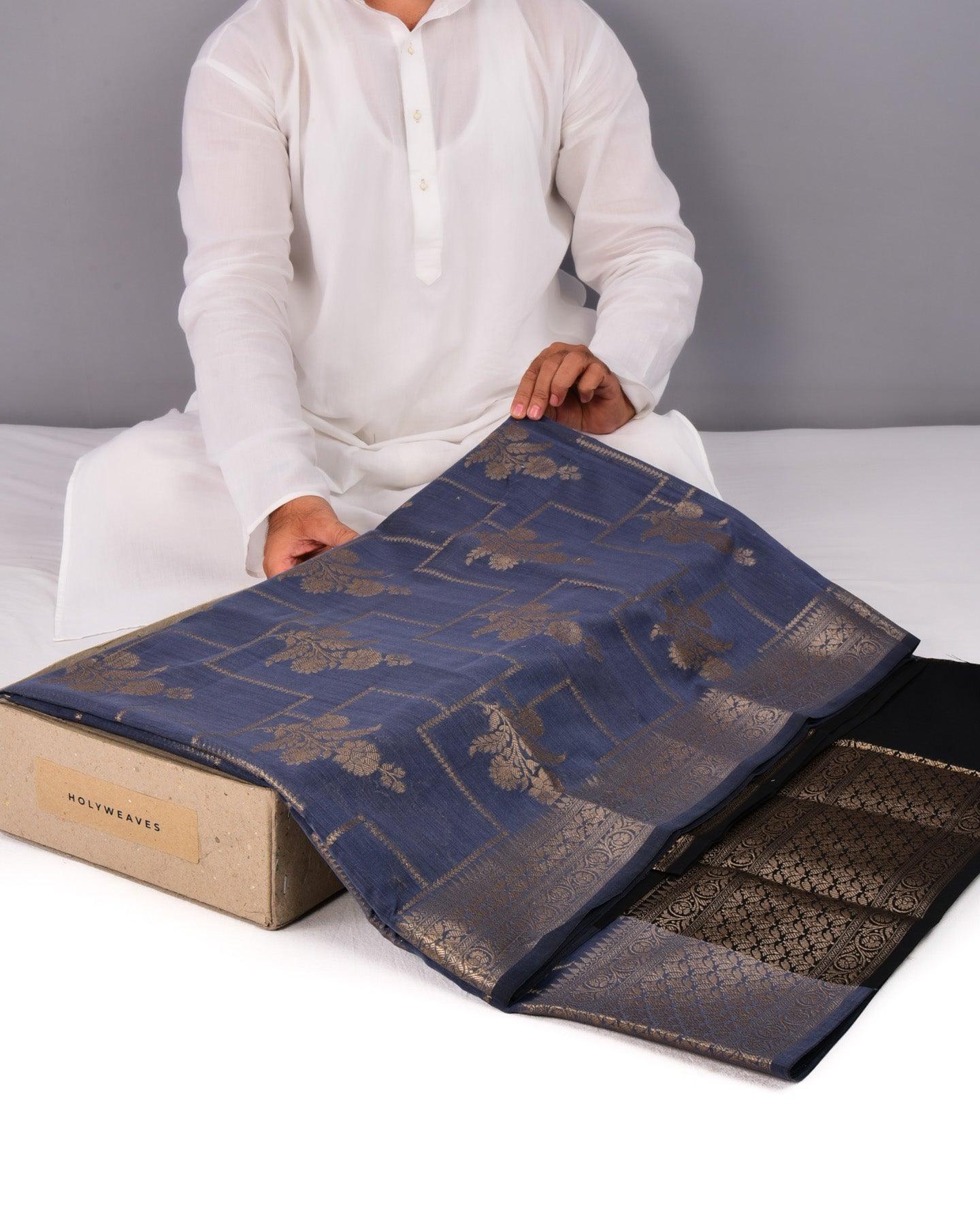 Marengo Gray Banarasi Geometric Grids Cutwork Brocade Woven Cotton Silk Saree - By HolyWeaves, Benares