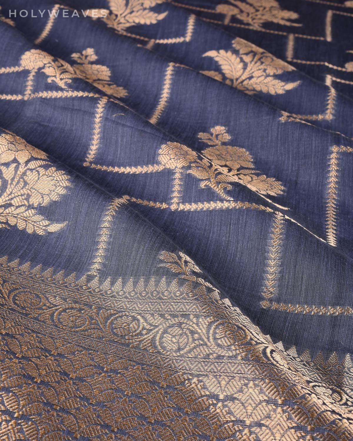 Marengo Gray Banarasi Geometric Grids Cutwork Brocade Woven Cotton Silk Saree - By HolyWeaves, Benares