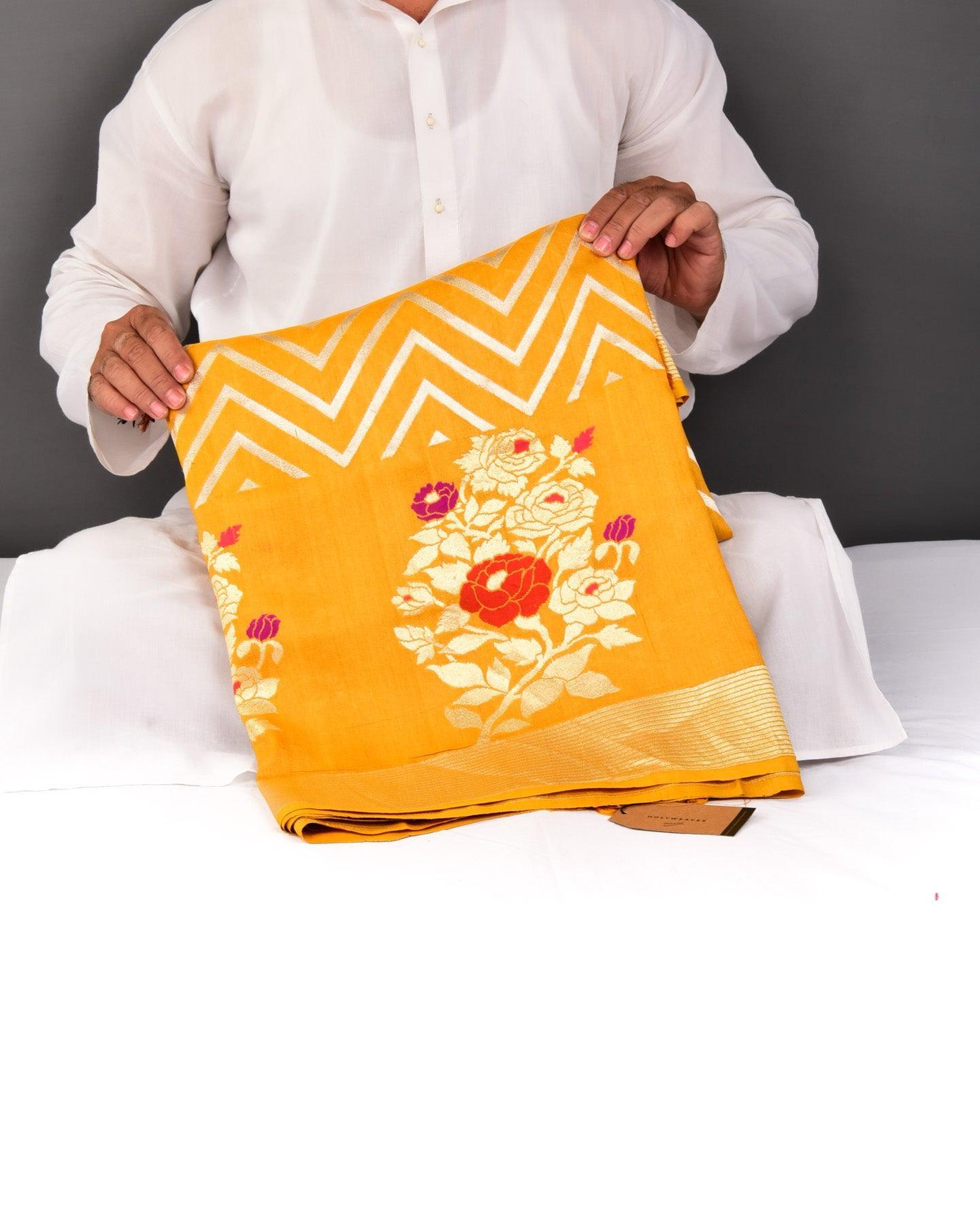 Marigold Yellow Banarasi Chauhara Meena Cutwork Brocade Handwoven Tasar Silk Saree - By HolyWeaves, Benares