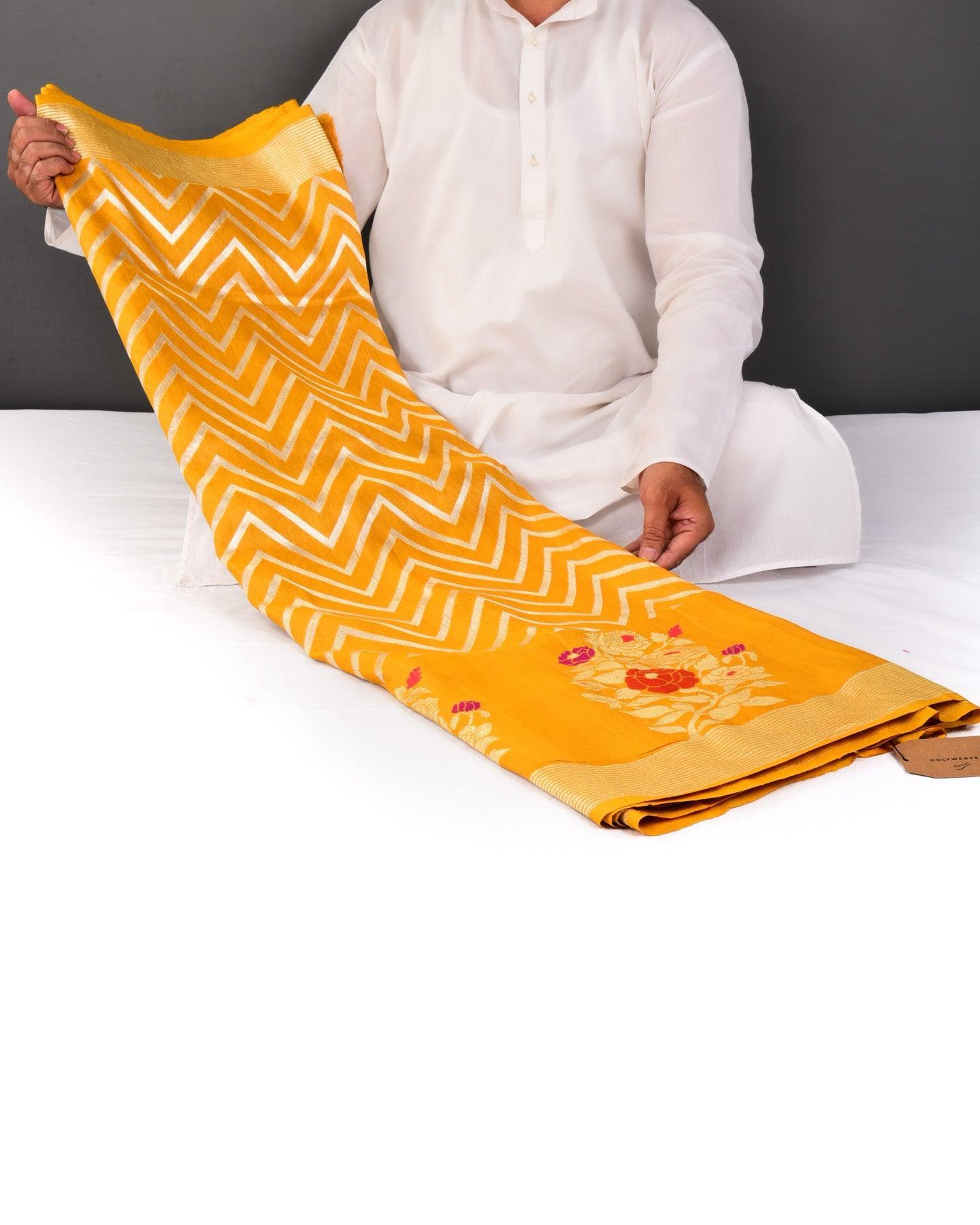 Marigold Yellow Banarasi Chauhara Meena Cutwork Brocade Handwoven Tasar Silk Saree - By HolyWeaves, Benares